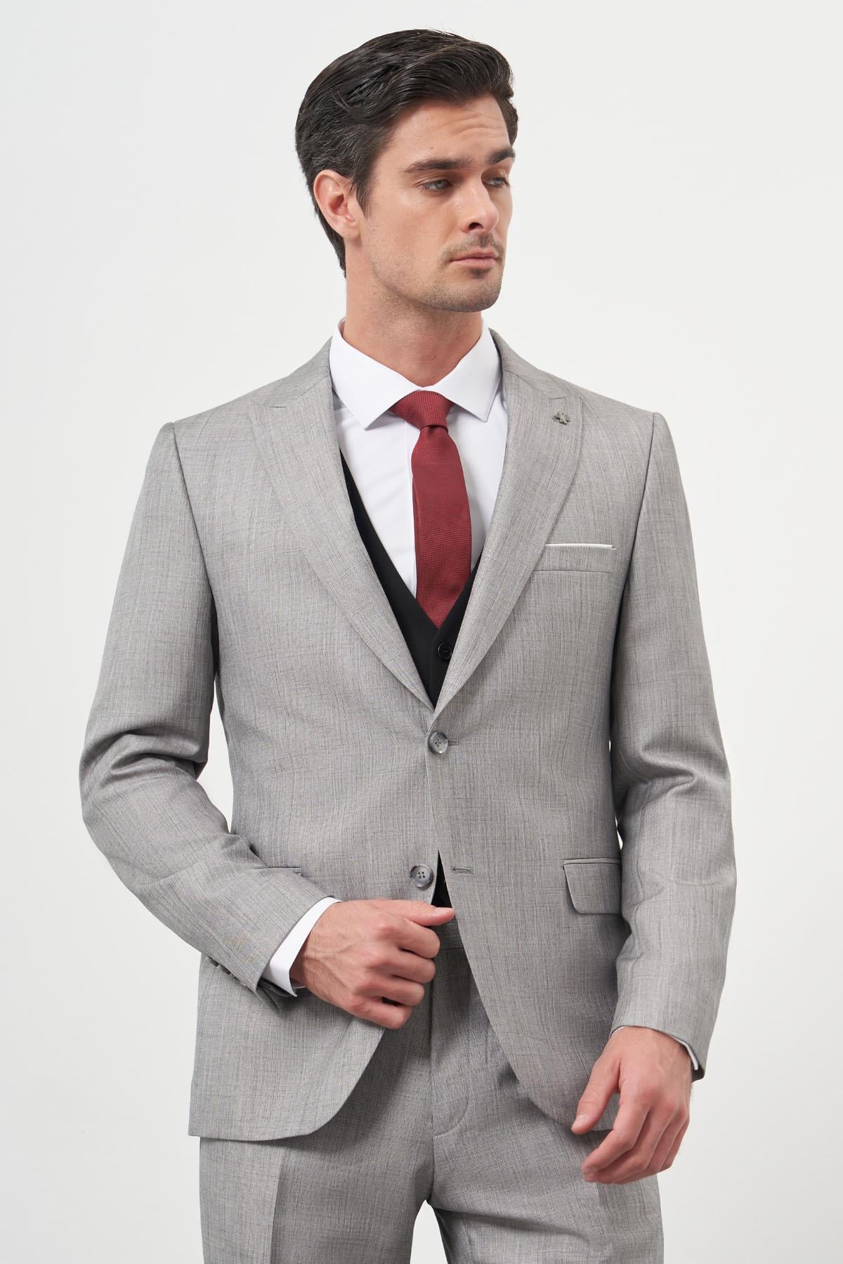 Morven Erkek Gri Trend Yelekli Kombinli Slim Fit Sivri Yaka Takım Elbise