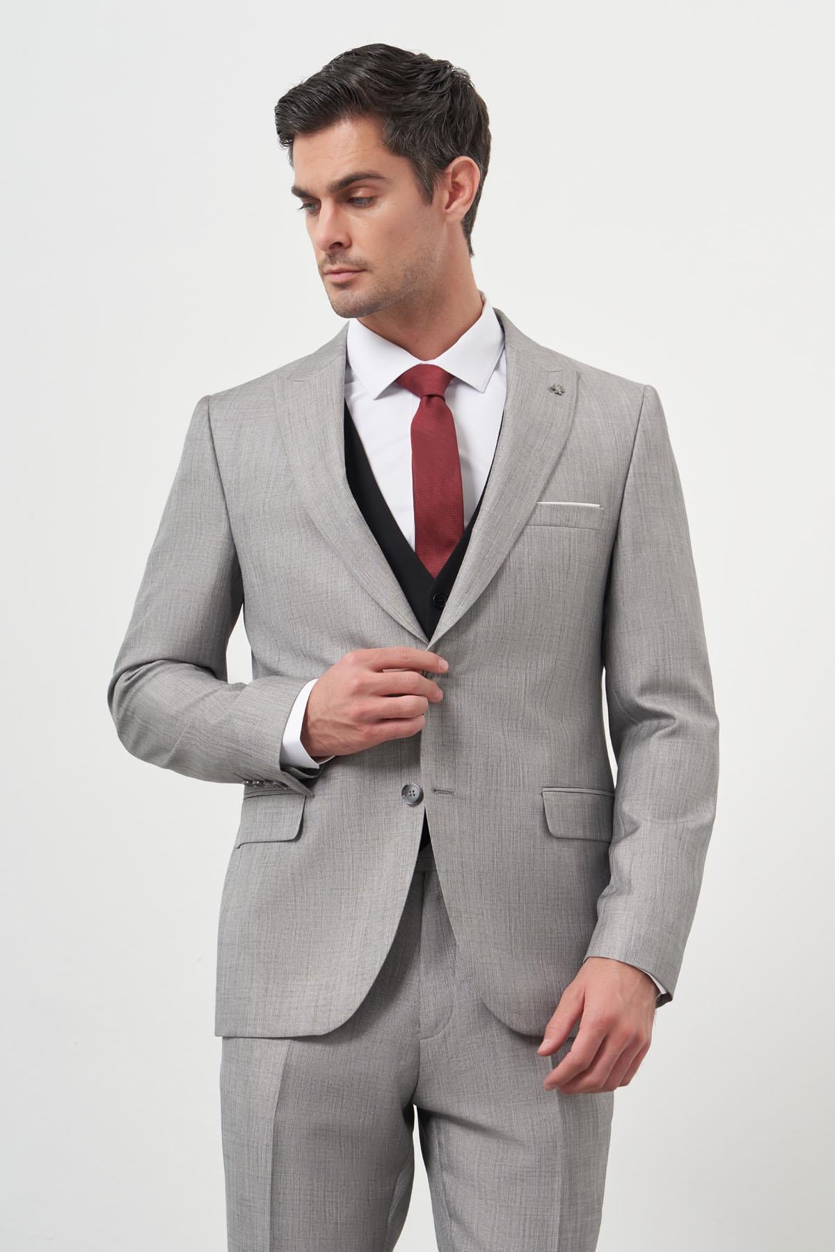 Morven Erkek Gri Trend Yelekli Kombinli Slim Fit Sivri Yaka Takım Elbise
