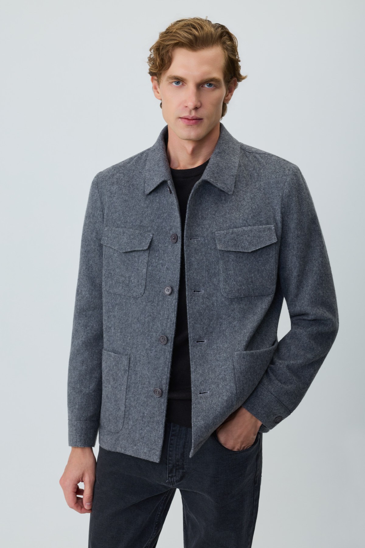 Morven Erkek Gri Trend Yünlü Safari Model Dinamik Fit Gömlek Ceket
