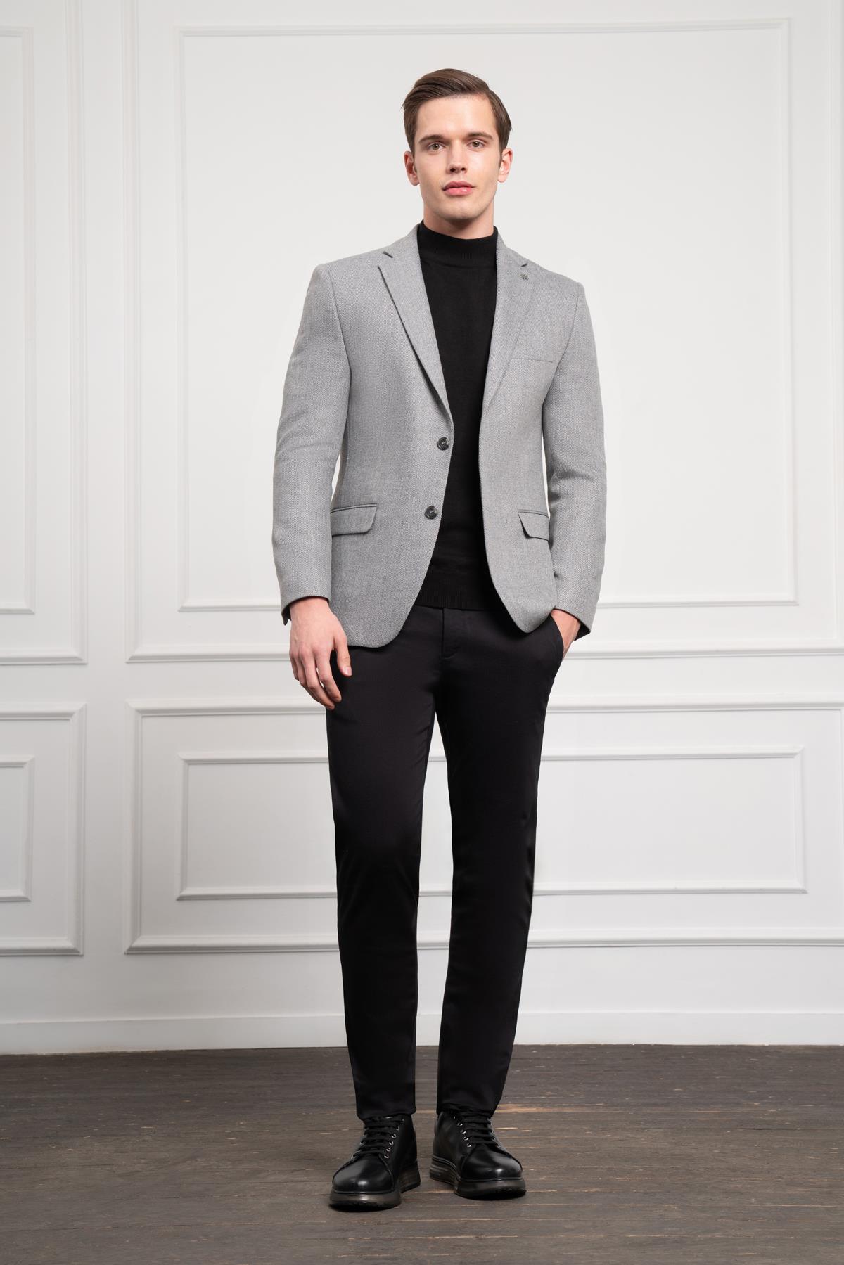 Morven Erkek Gri Yünlü Desenli Dynamic Fit Rahat Kesim Mono Yaka Ceket