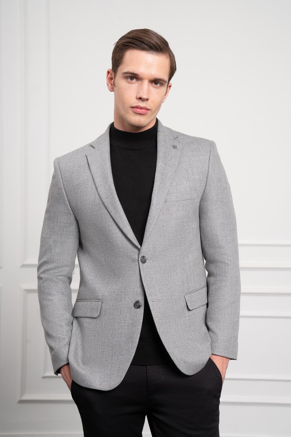 Morven Erkek Gri Yünlü Desenli Dynamic Fit Rahat Kesim Mono Yaka Ceket