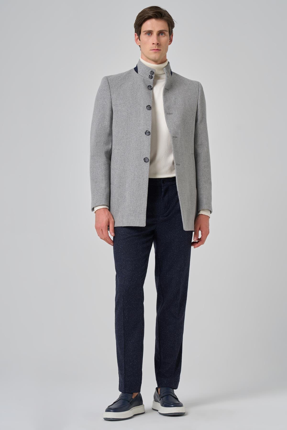 Morven Erkek Gri Yünlü Düz Dynamic Fit Hakim Yaka Kaban
