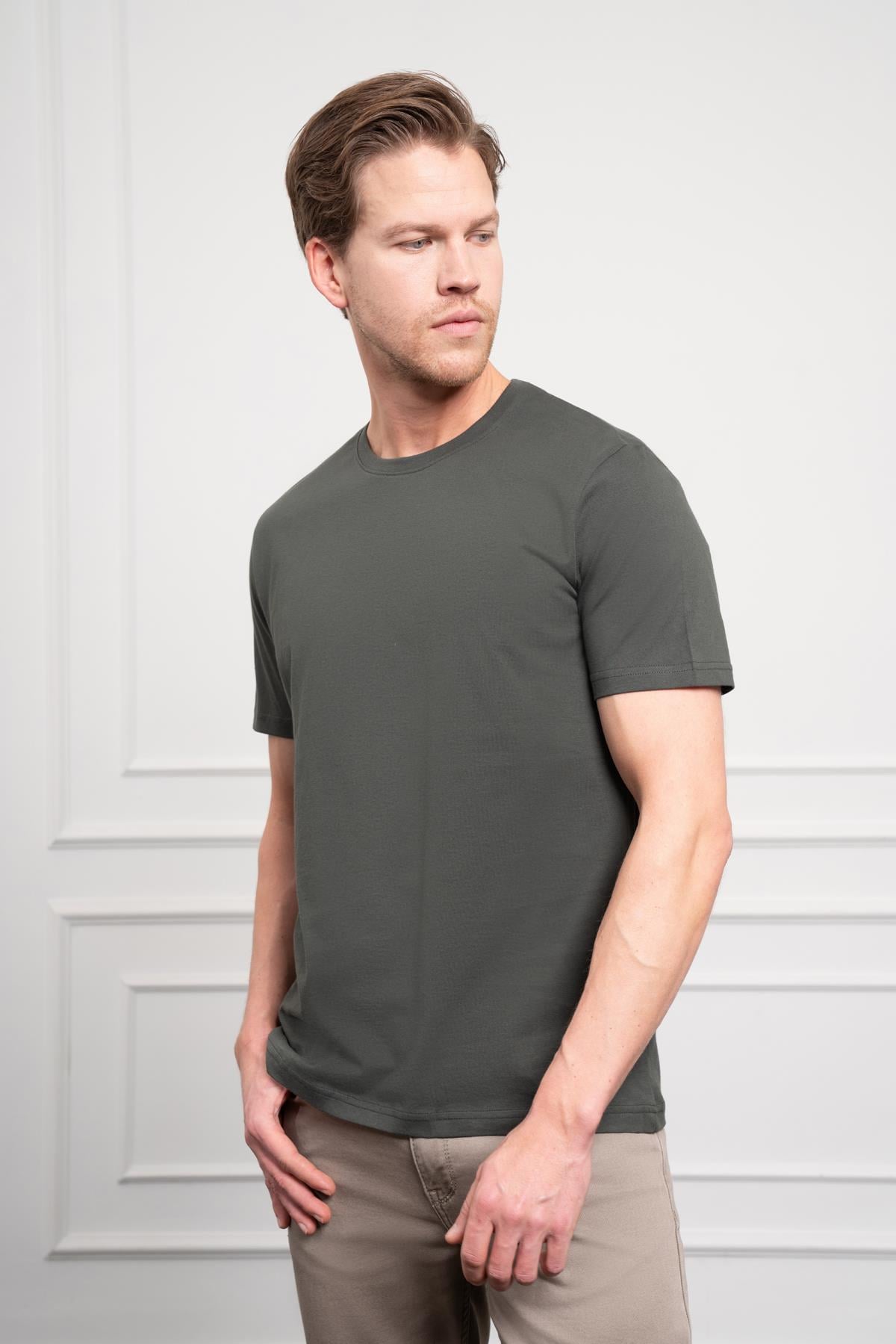 Morven Erkek Haki Basic Bisiklet Yaka Dynamic Fit Pamuk T-Shirt