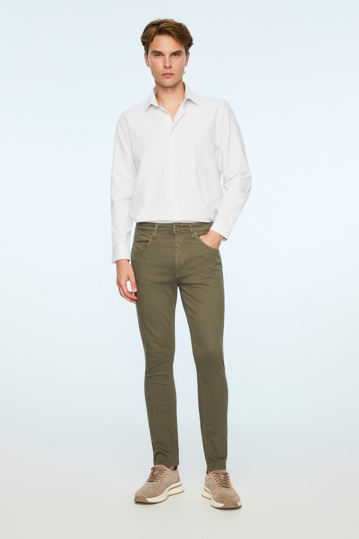 Morven Erkek Haki Denim 5 Cep Slim Fit Jean Kot Pantolon