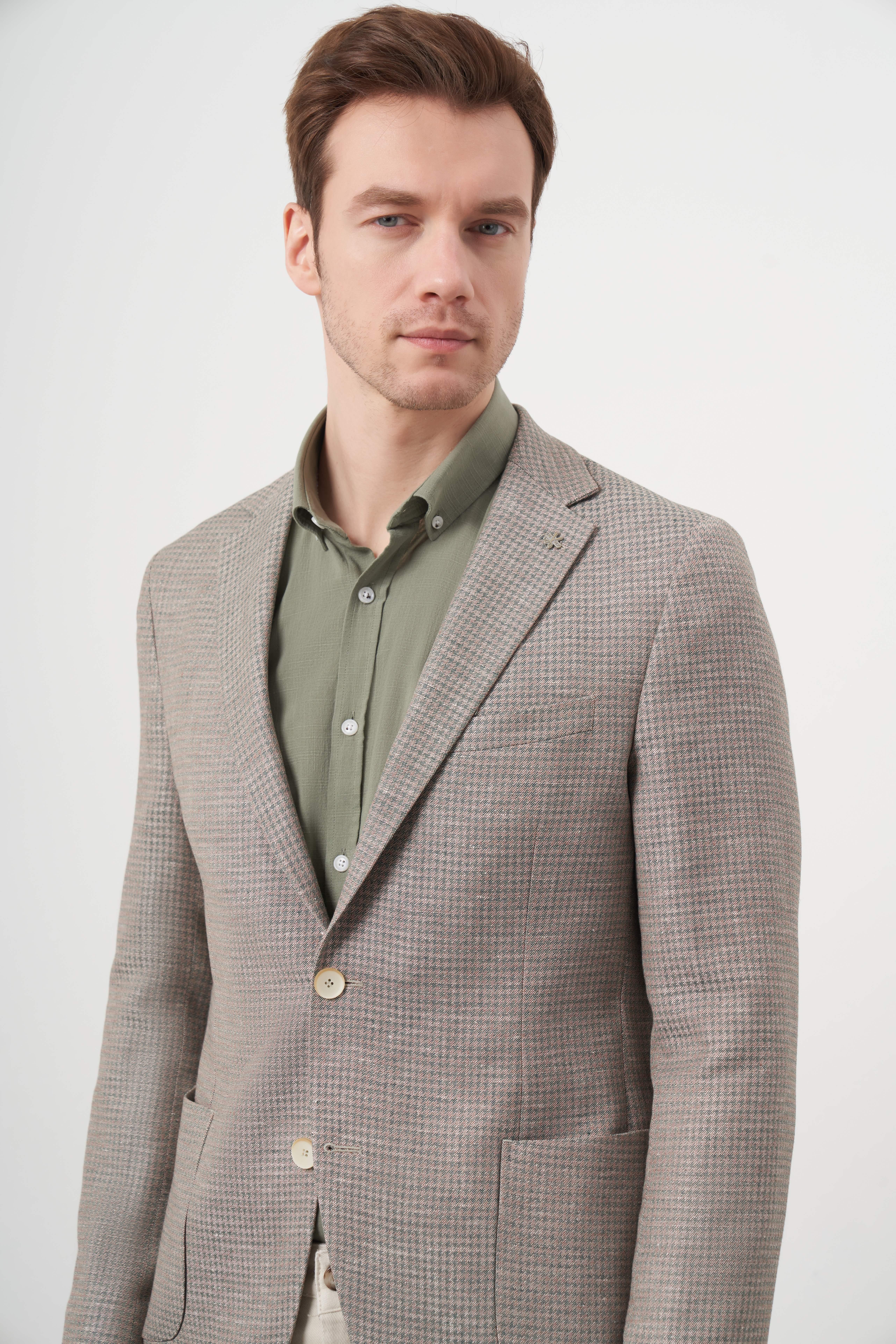 Morven Erkek Haki Dokuma Slim Fit Torba Cep Mono Yaka Spor Ceket