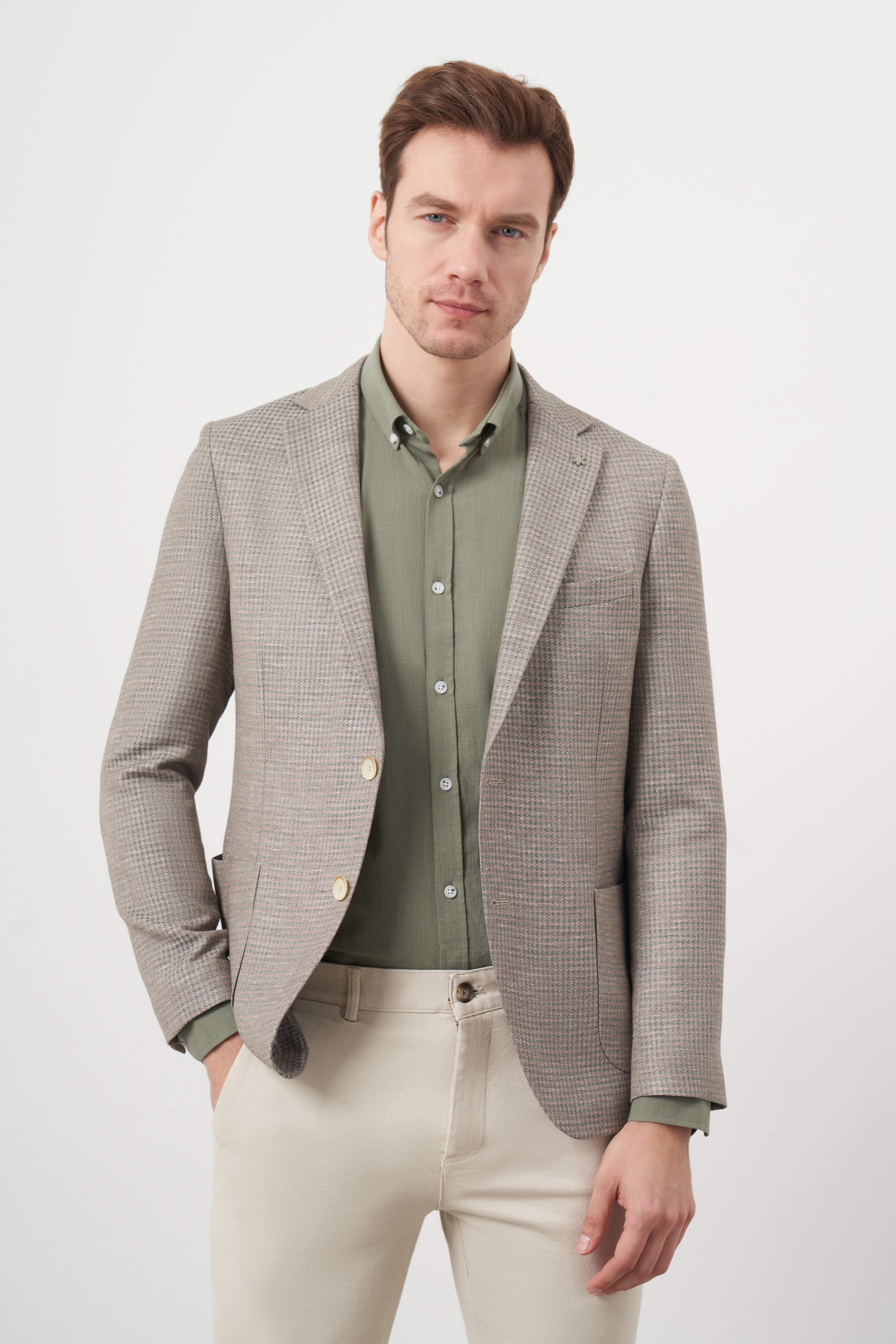 Morven Erkek Haki Dokuma Slim Fit Torba Cep Mono Yaka Spor Ceket