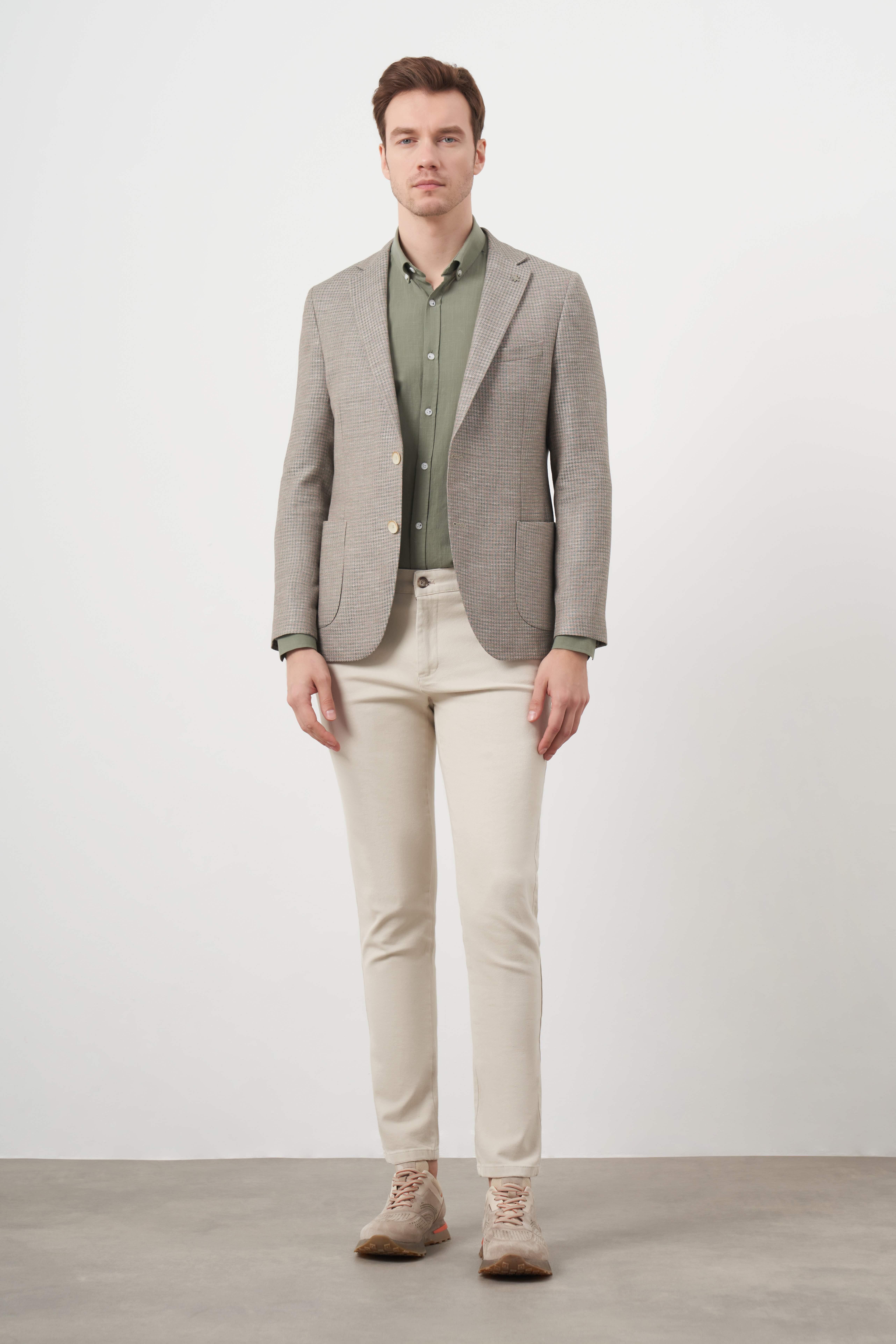 Morven Erkek Haki Dokuma Slim Fit Torba Cep Mono Yaka Spor Ceket