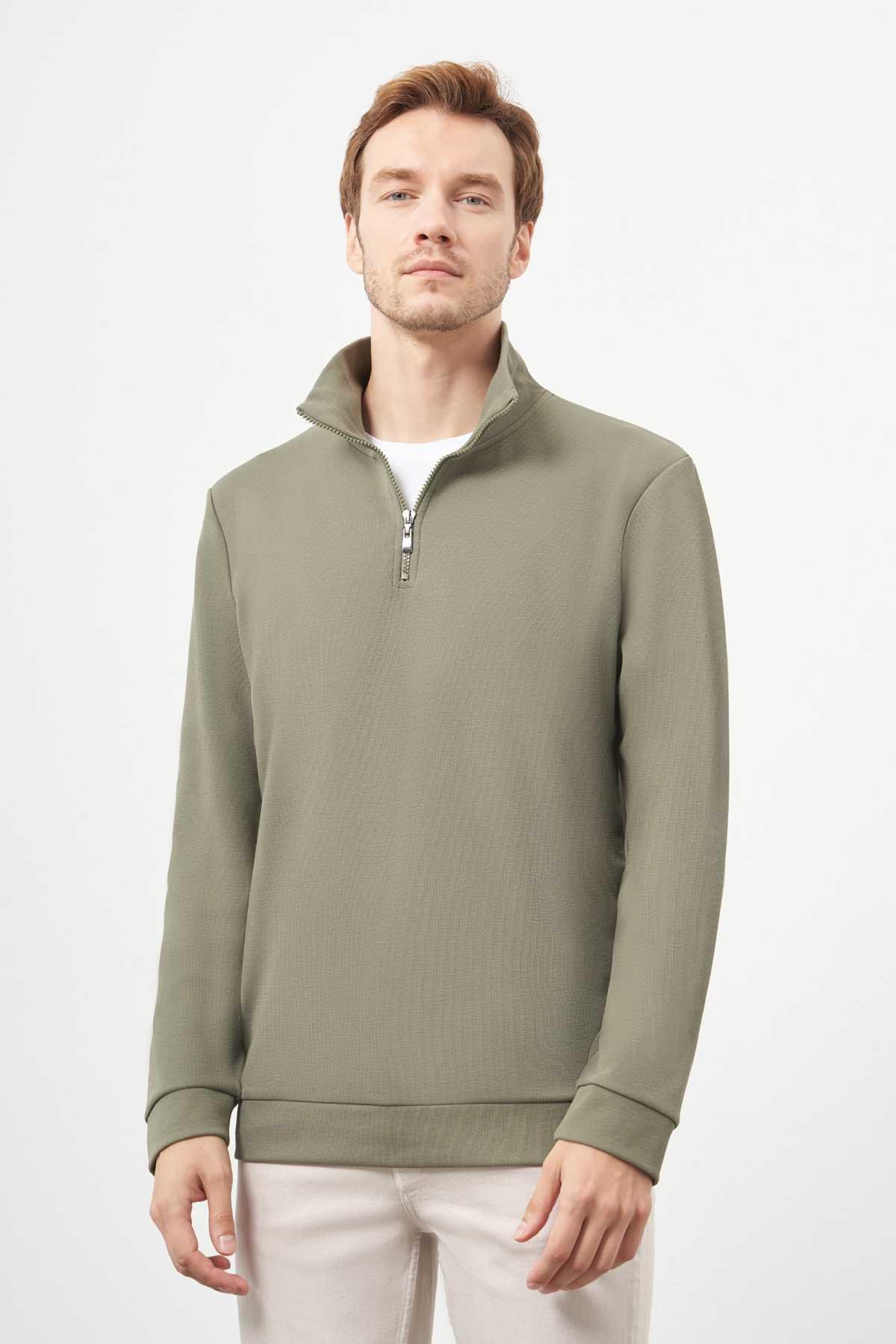 Morven Erkek Haki Fermuarlı Bato Yaka Sweat-Shirt