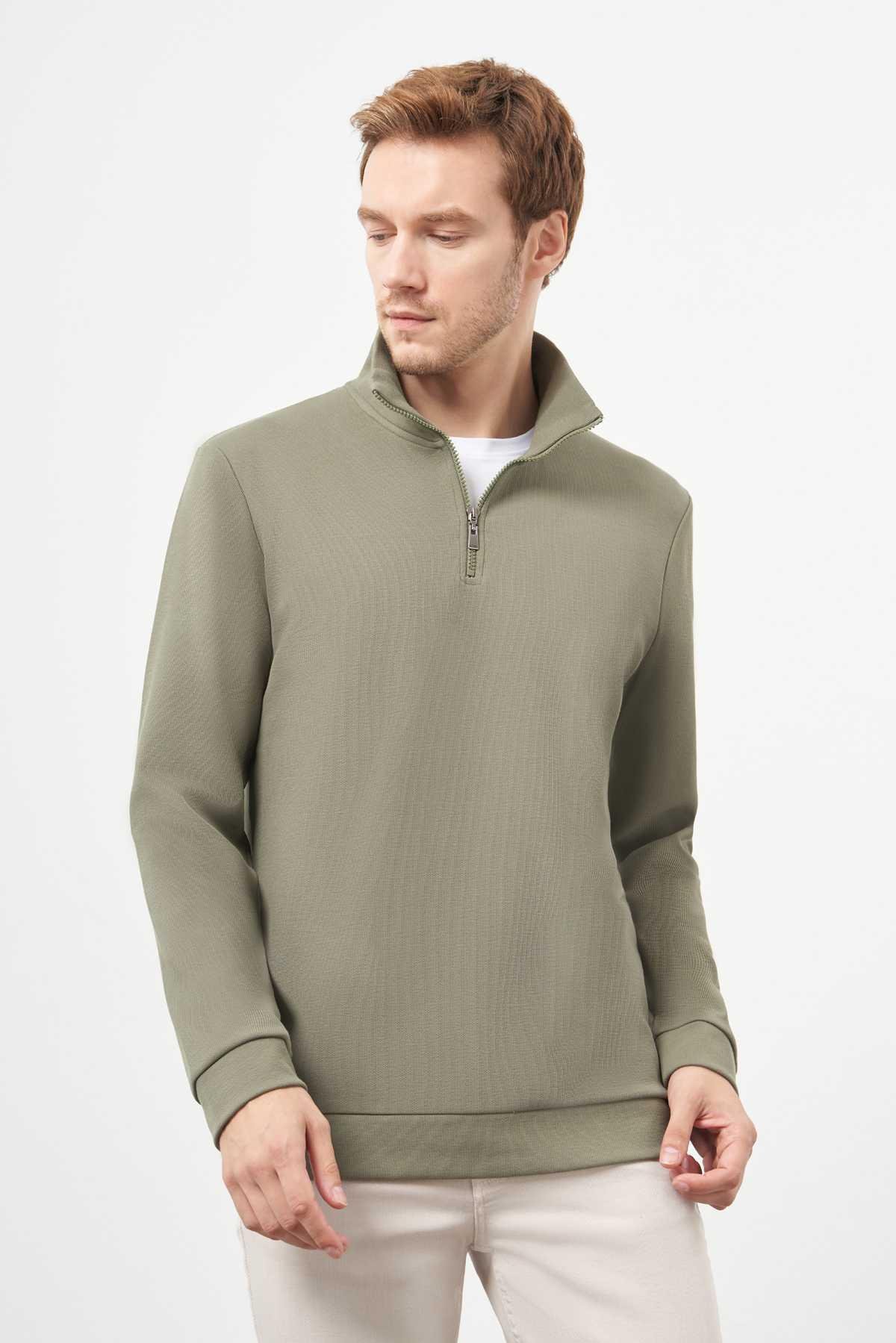 Morven Erkek Haki Fermuarlı Bato Yaka Sweat-Shirt