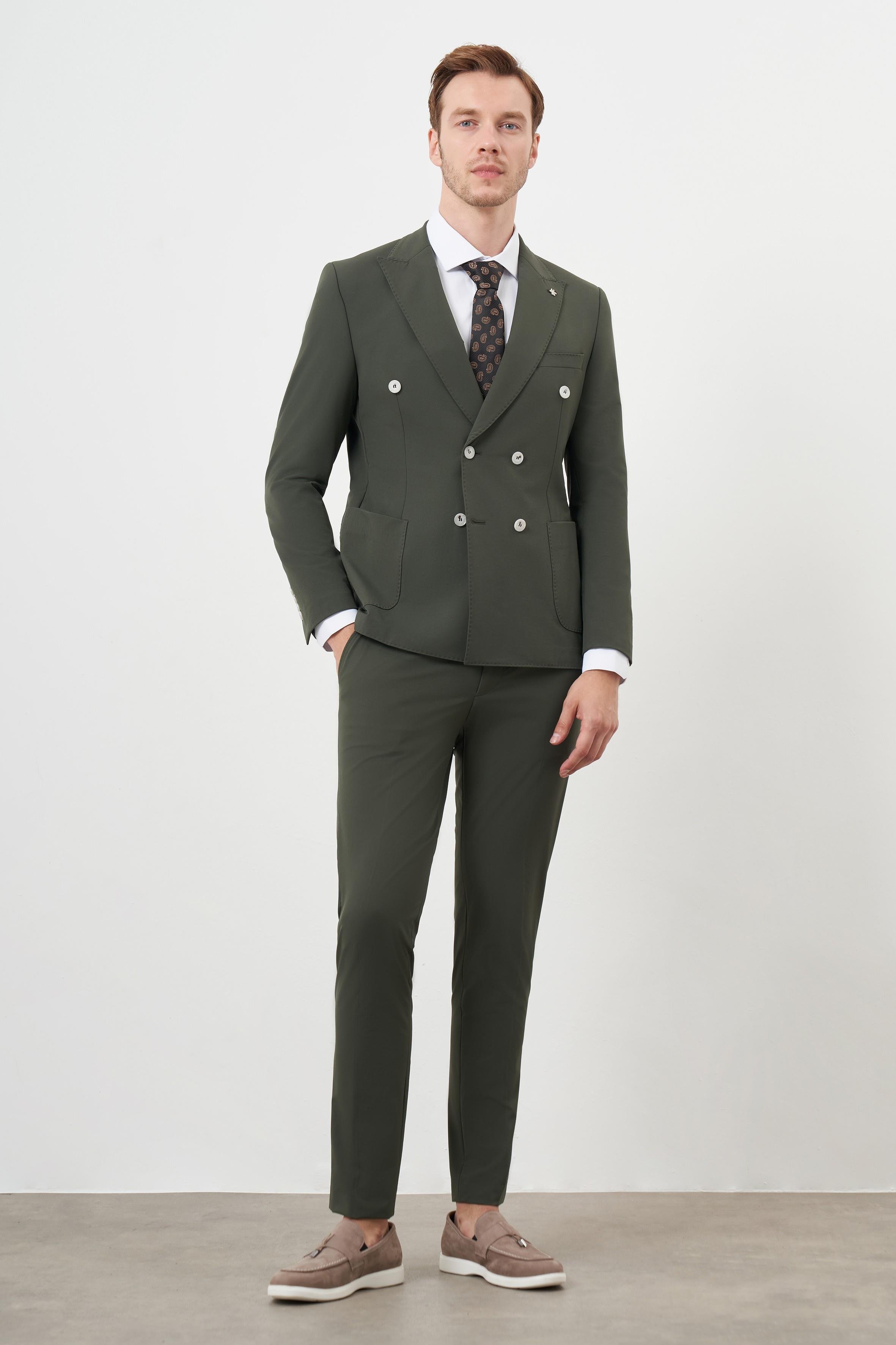 Morven Erkek Haki Polyamide Trend Kruvaze Slim Fit Sivri Yaka Takım Elbise