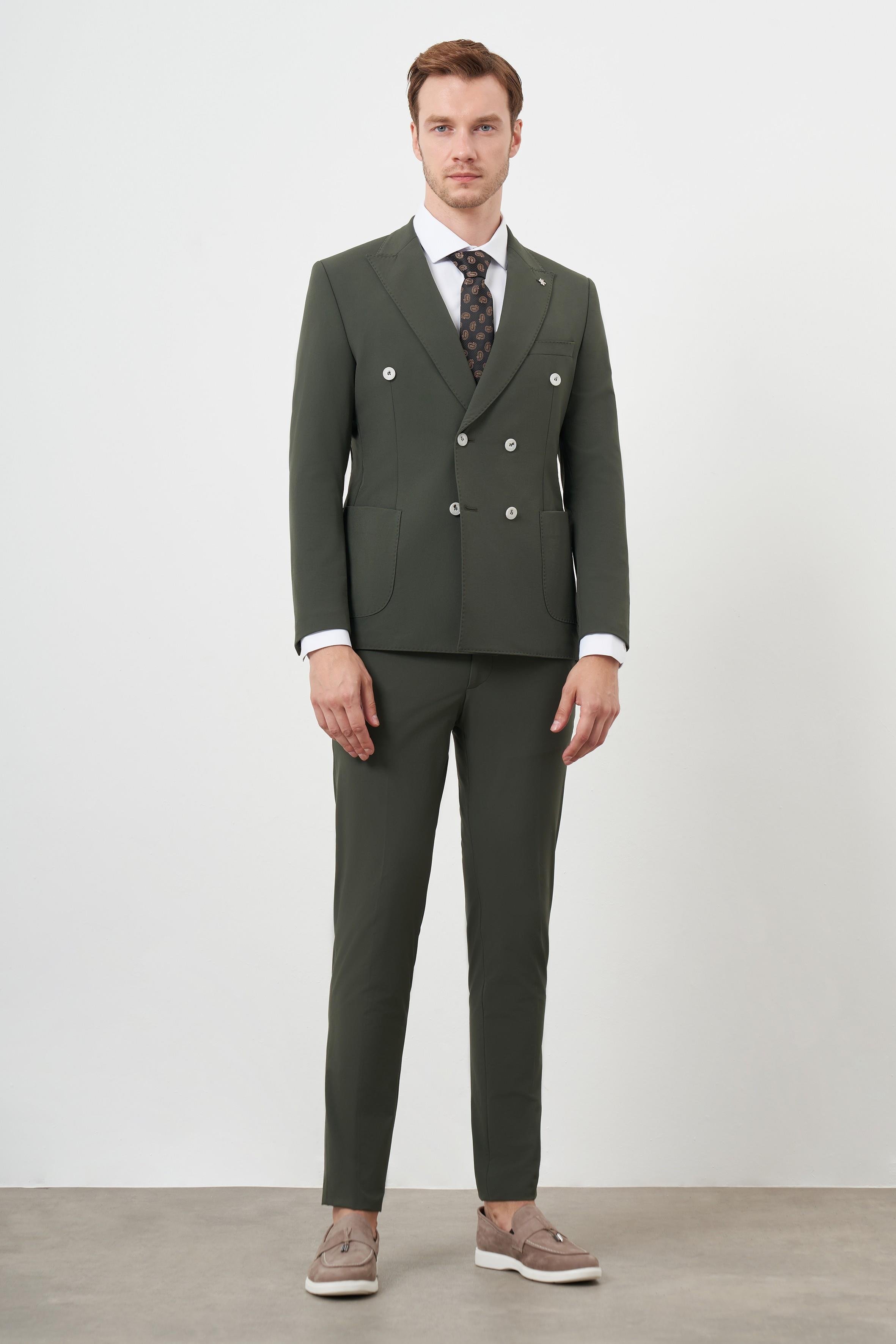 Morven Erkek Haki Polyamide Trend Kruvaze Slim Fit Sivri Yaka Takım Elbise