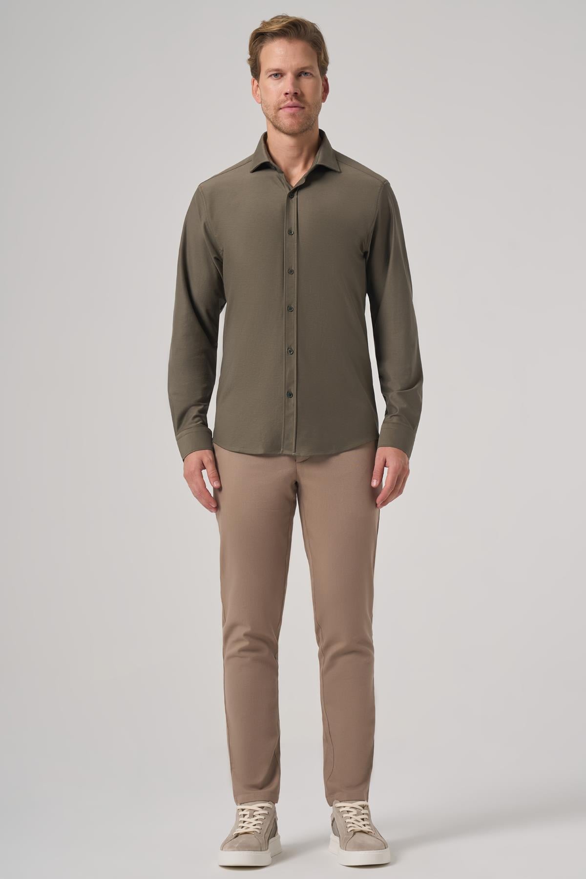 Morven Erkek Haki Trend Düz Slim Fit Tam İtalyan Yaka Gömlek