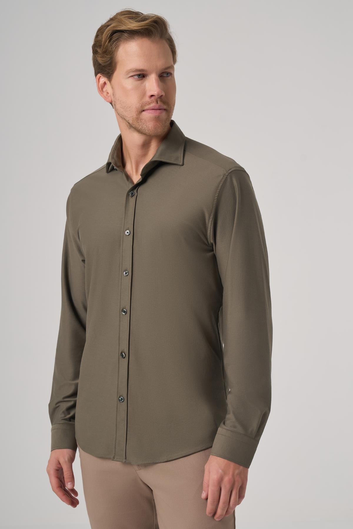 Morven Erkek Haki Trend Düz Slim Fit Tam İtalyan Yaka Gömlek