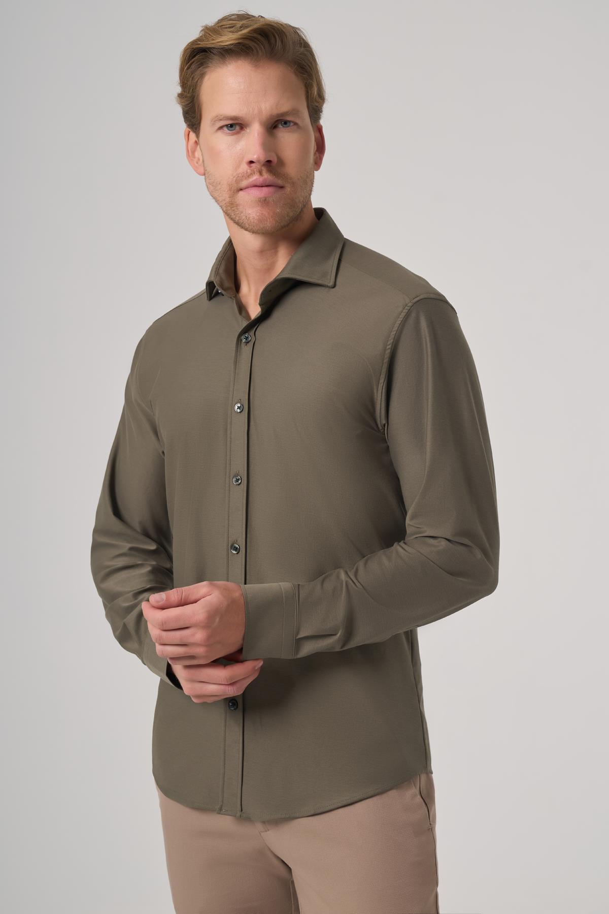 Morven Erkek Haki Trend Düz Slim Fit Tam İtalyan Yaka Gömlek