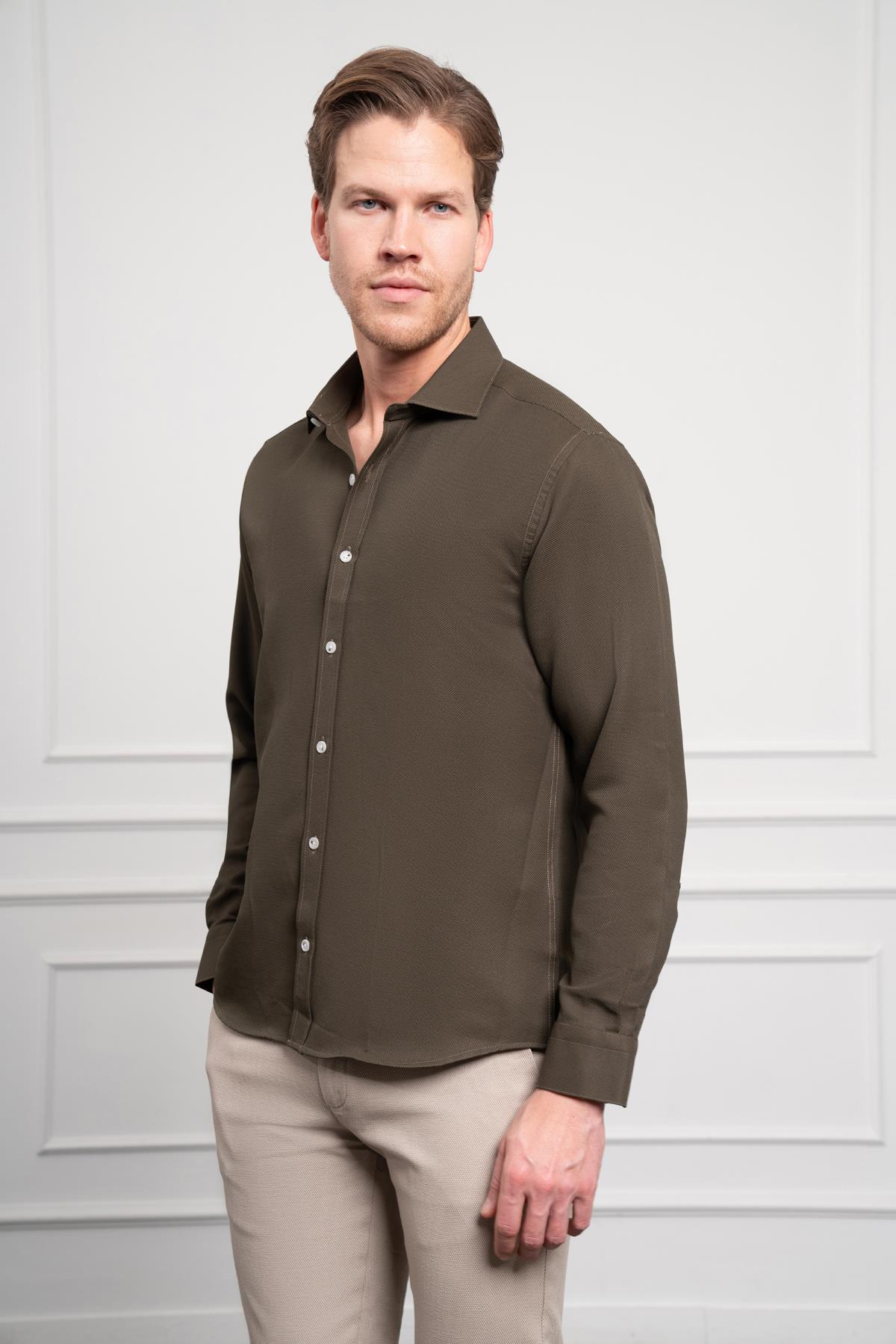 Morven Erkek Haki Trend İtalyan Yaka  Slim Fit Dar Kesim Gömlek