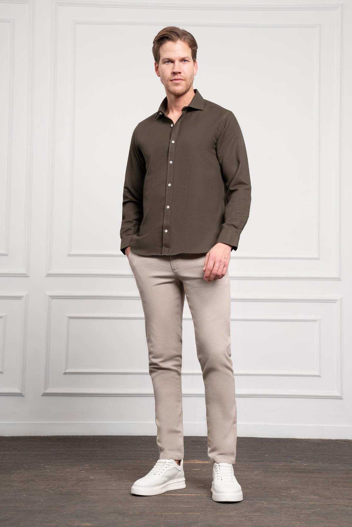 Morven Erkek Haki Trend İtalyan Yaka  Slim Fit Dar Kesim Gömlek