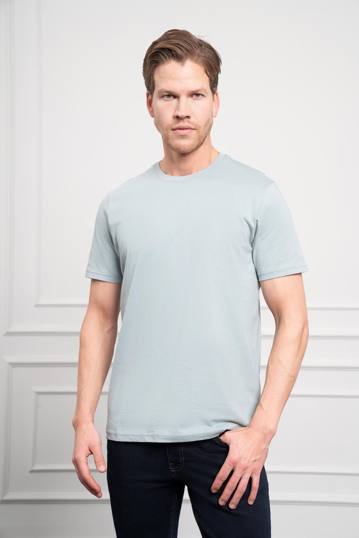 Morven Erkek İndigo Basic Bisiklet Yaka Dynamic Fit Pamuk T-Shirt