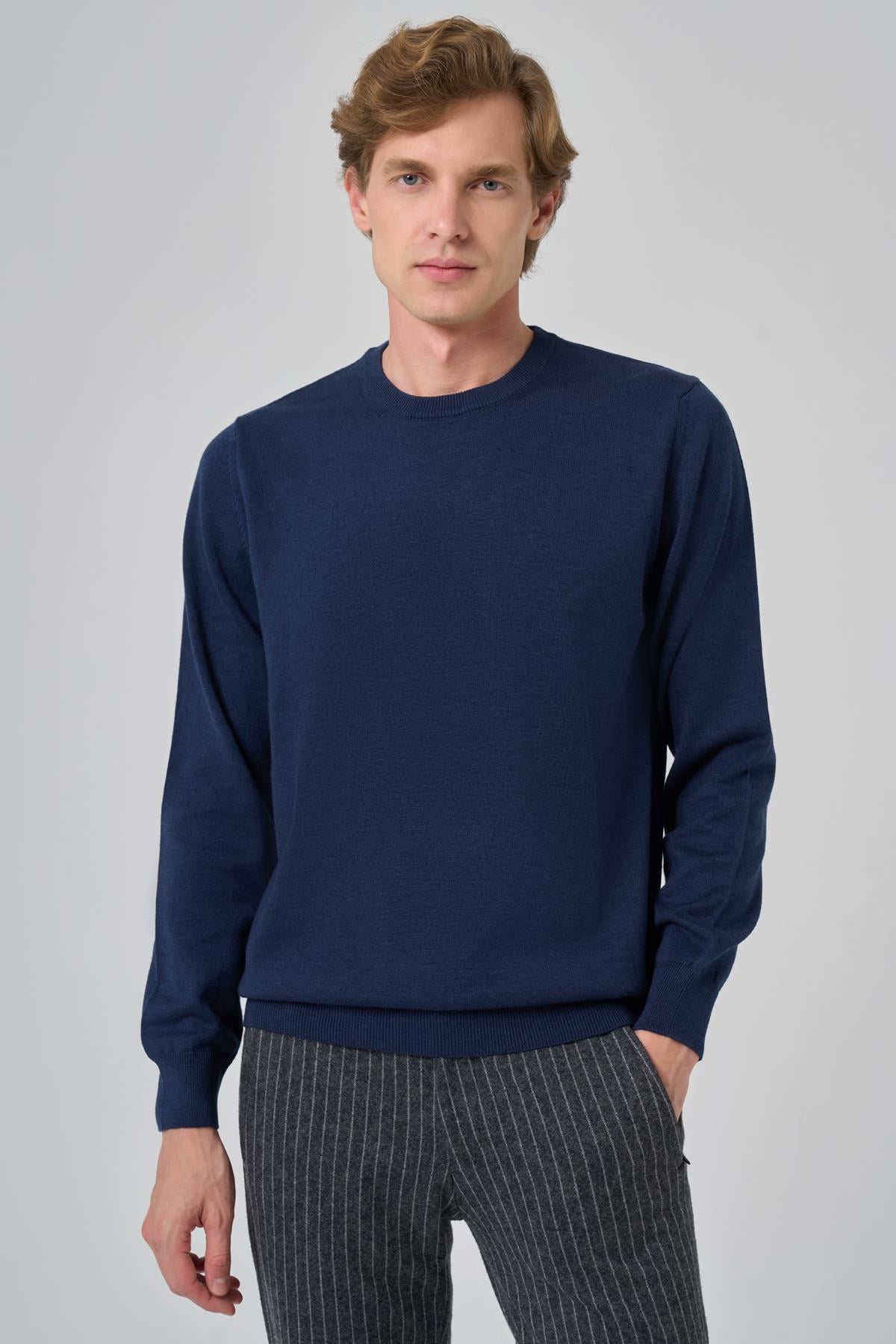Morven Erkek İndigo Basic Bisiklet Yaka Dynamic Fit Rahat Kesim Triko