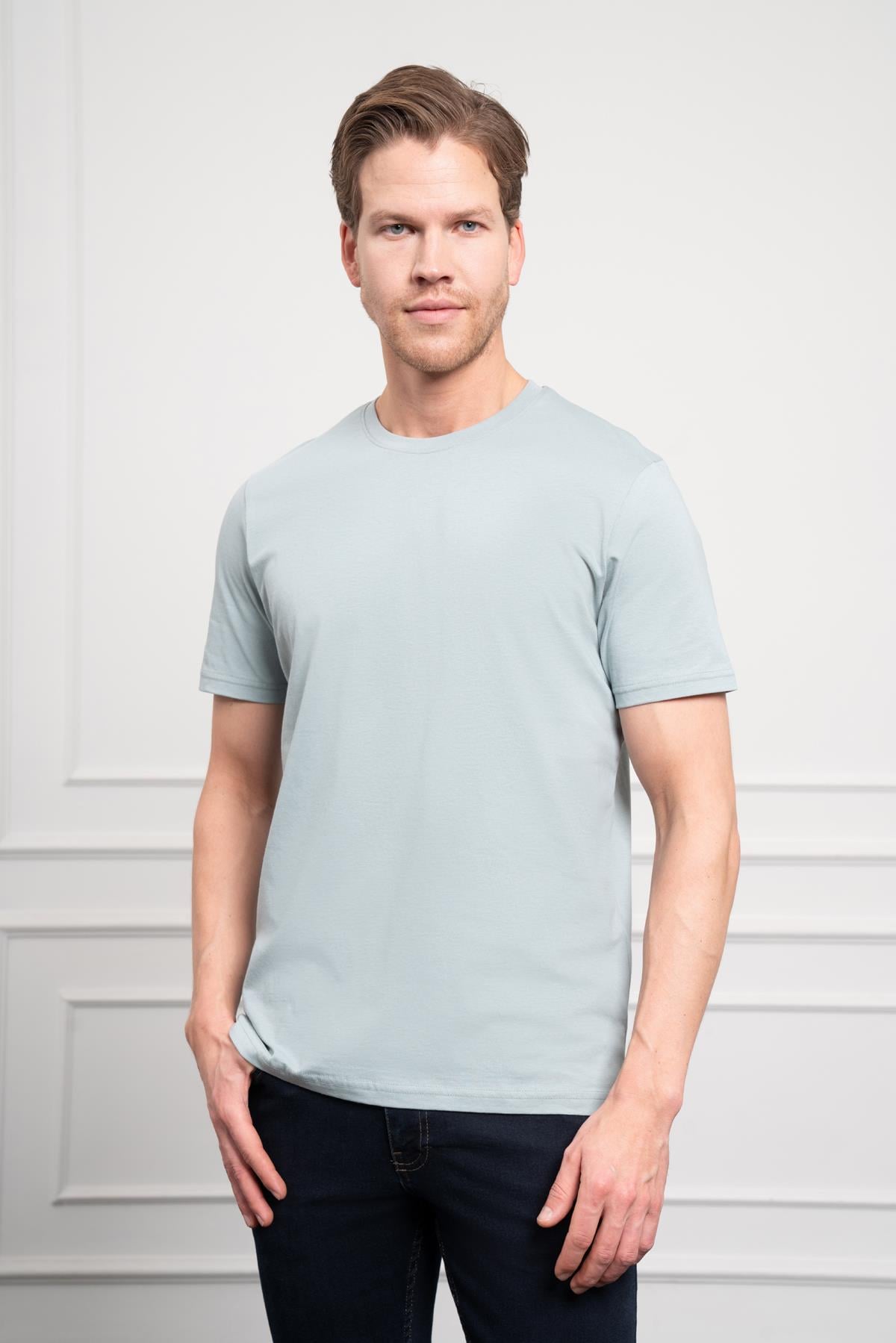 Morven Erkek İndigo Basic Bisiklet Yaka Dynamic Fit Pamuk T-Shirt