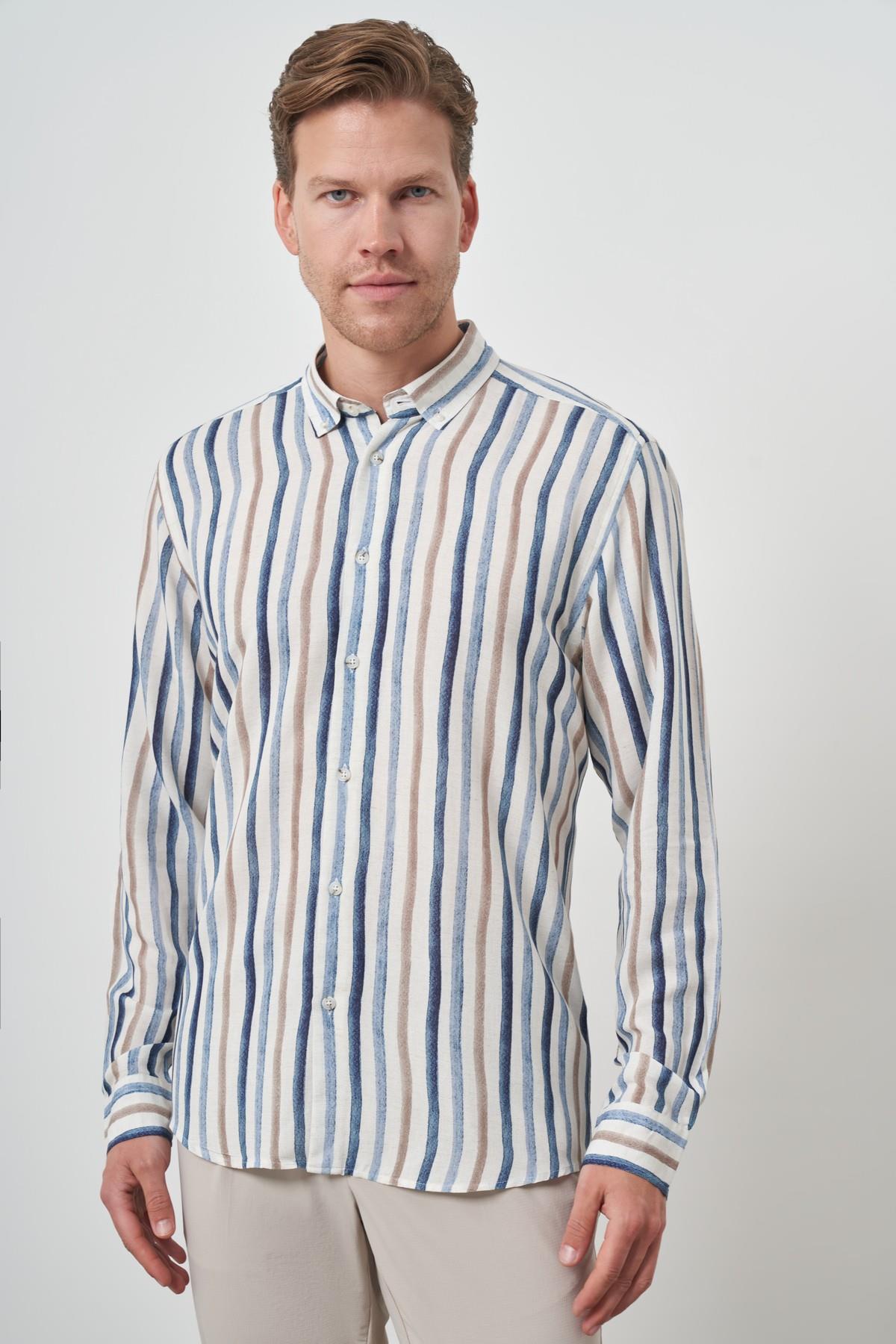 Morven Erkek İndigo Keten Çizgili Desen Düğmeli Yaka Slim Fit Gömlek