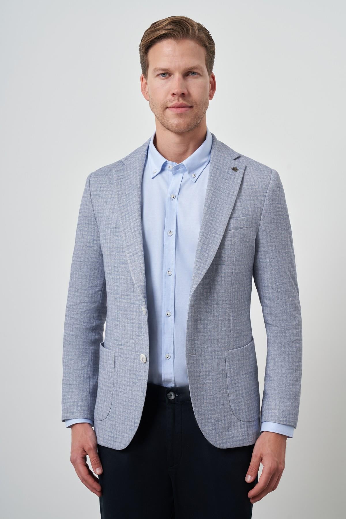 Morven Erkek İndigo Örme Slim Fit Mono Yaka Ceket