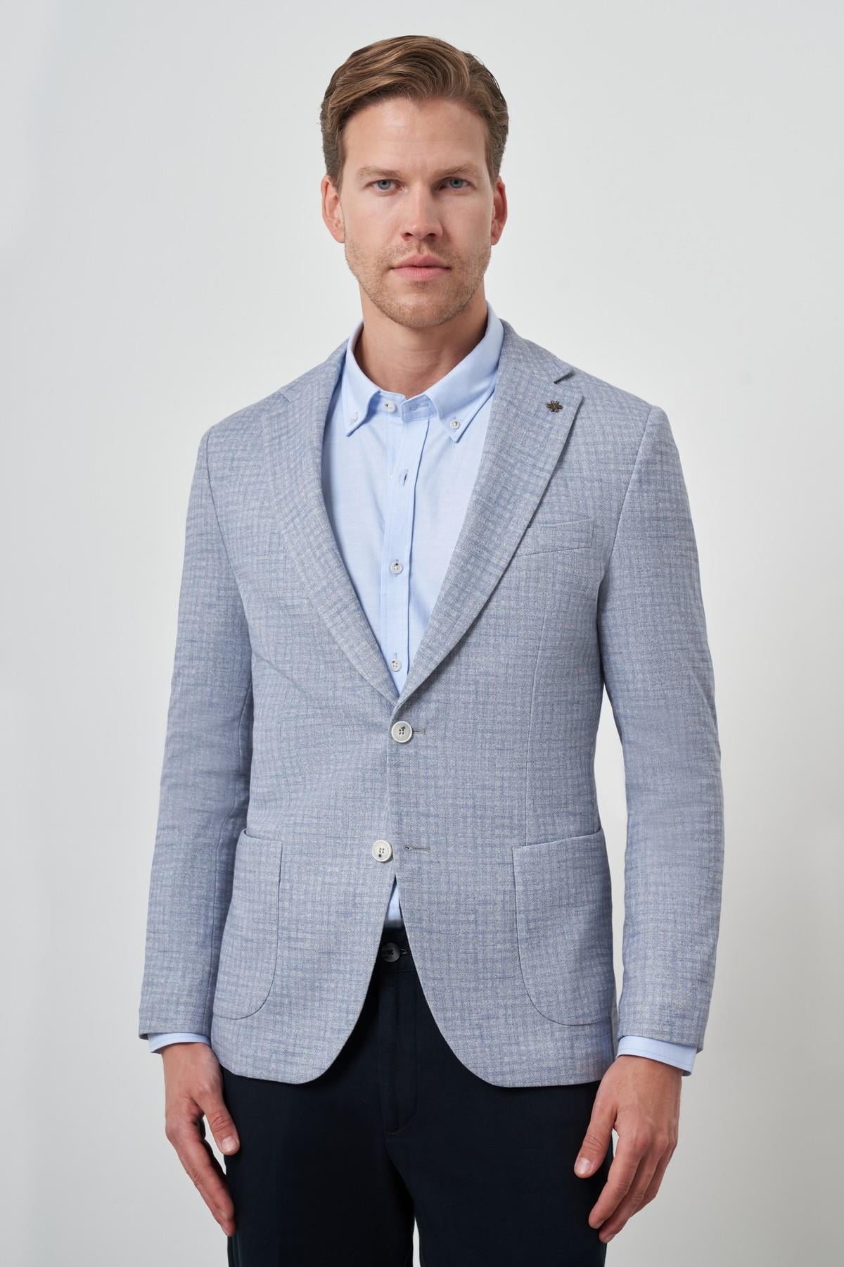 Morven Erkek İndigo Örme Slim Fit Mono Yaka Ceket