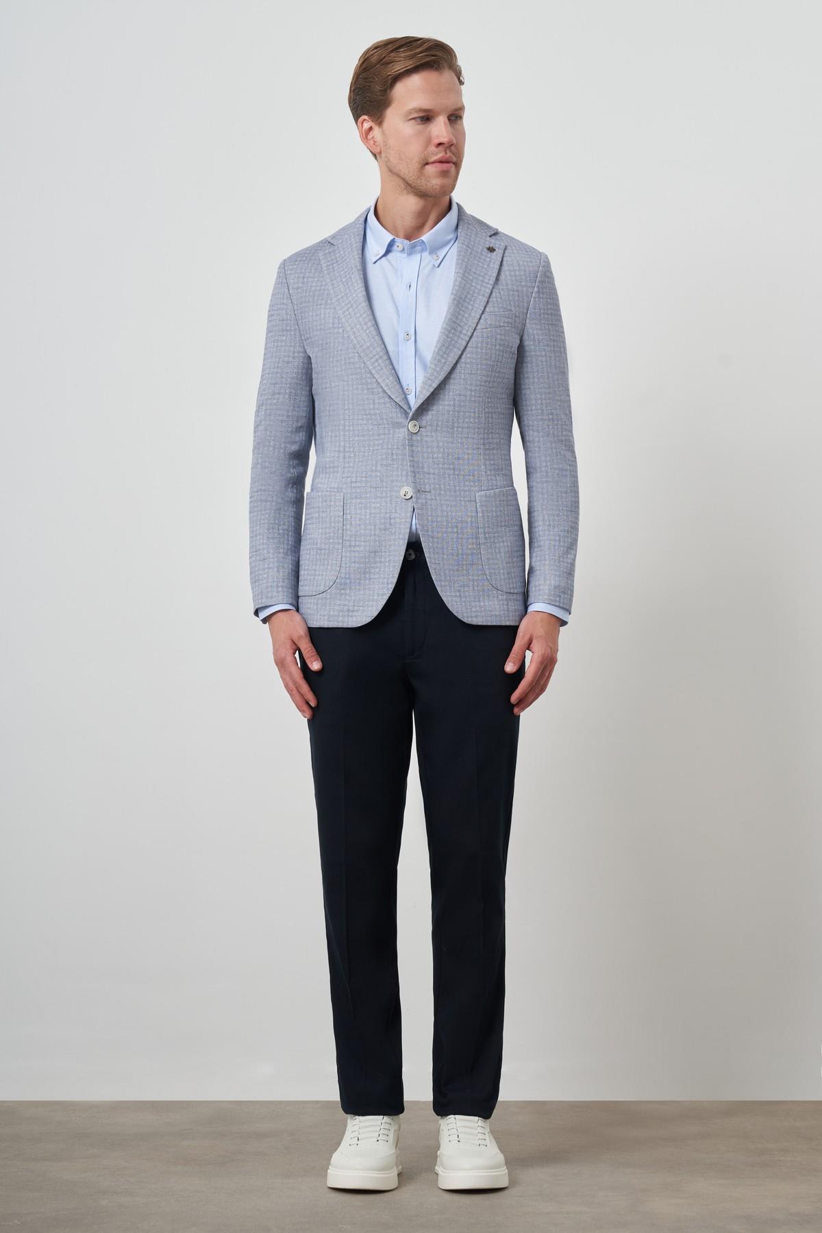 Morven Erkek İndigo Örme Slim Fit Mono Yaka Ceket