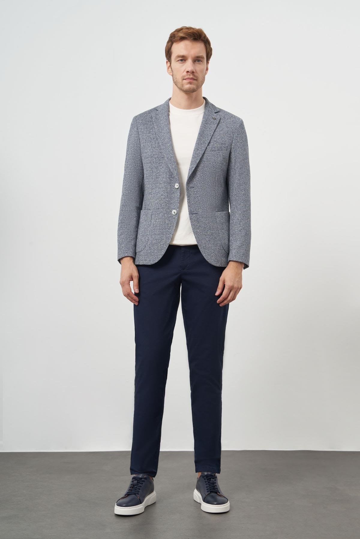 Morven Erkek İndigo Örme Trend Slim Fit Mono Yaka Ceket