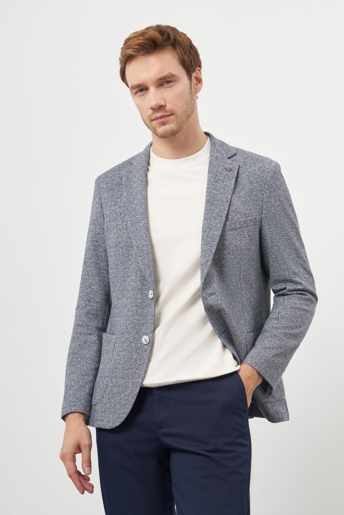 Morven Erkek İndigo Örme Trend Slim Fit Mono Yaka Ceket