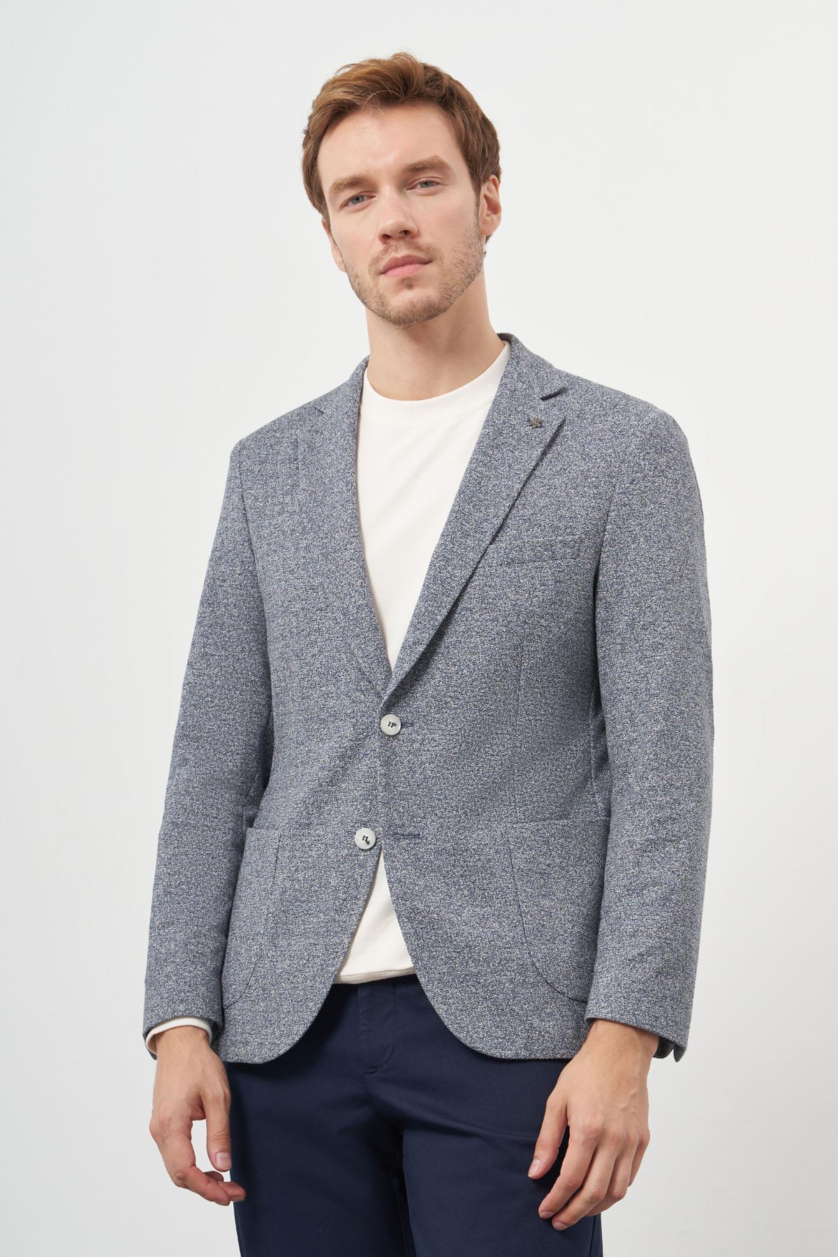 Morven Erkek İndigo Örme Trend Slim Fit Mono Yaka Ceket