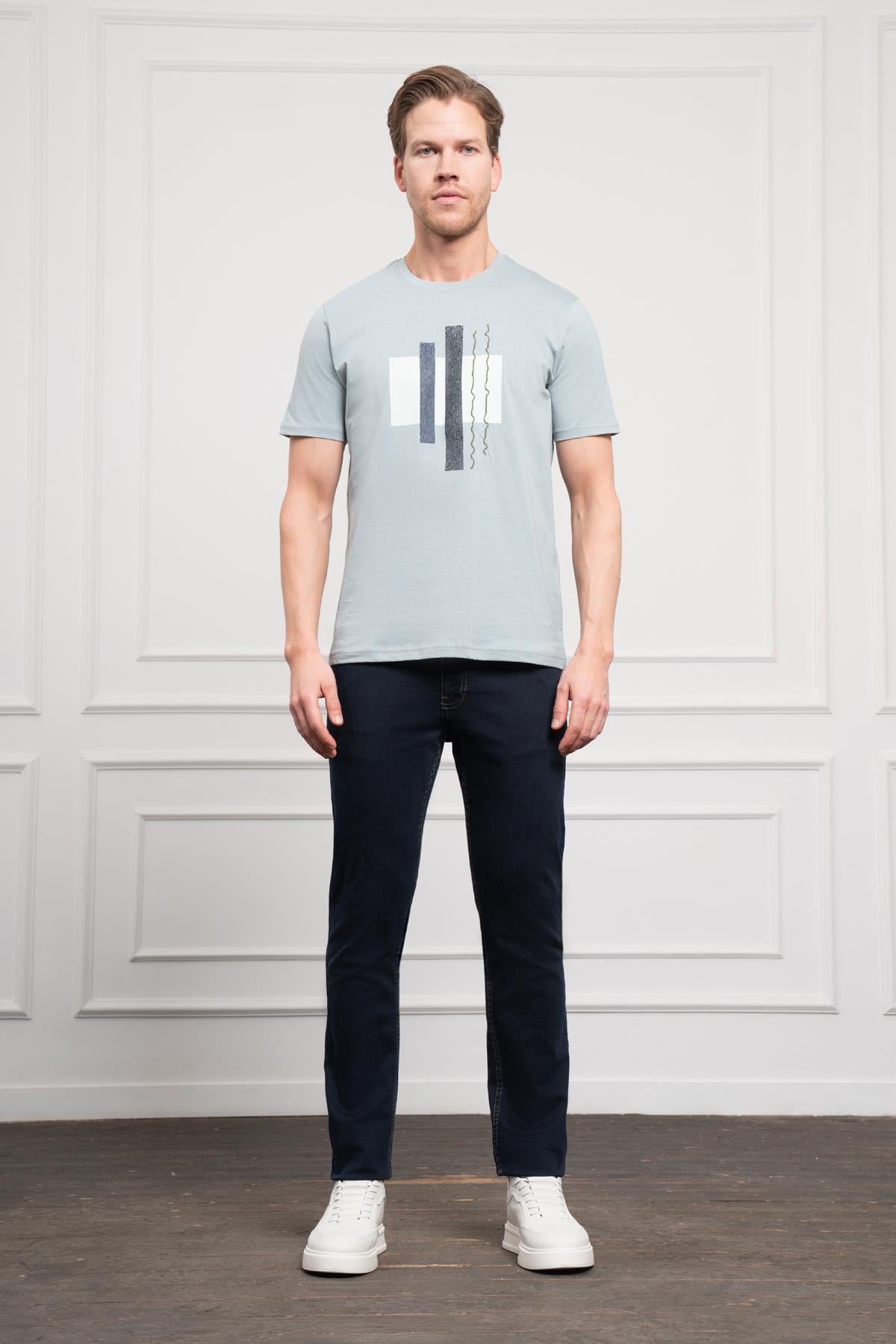 Morven Erkek İndigo Trend Bisiklet Yaka Dinamik Fit Pamuk T-Shirt