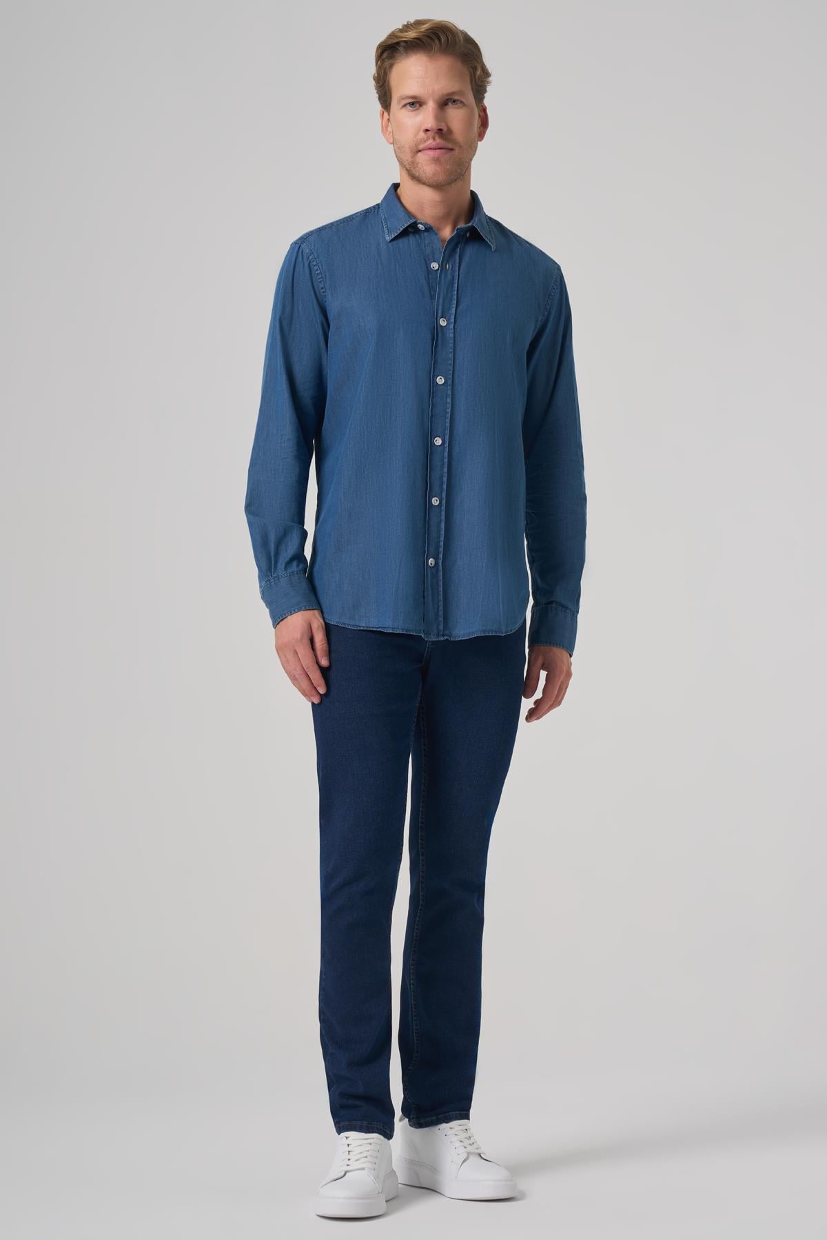 Morven Erkek İndigo Trend Dinamik Fit Denim Gömlek
