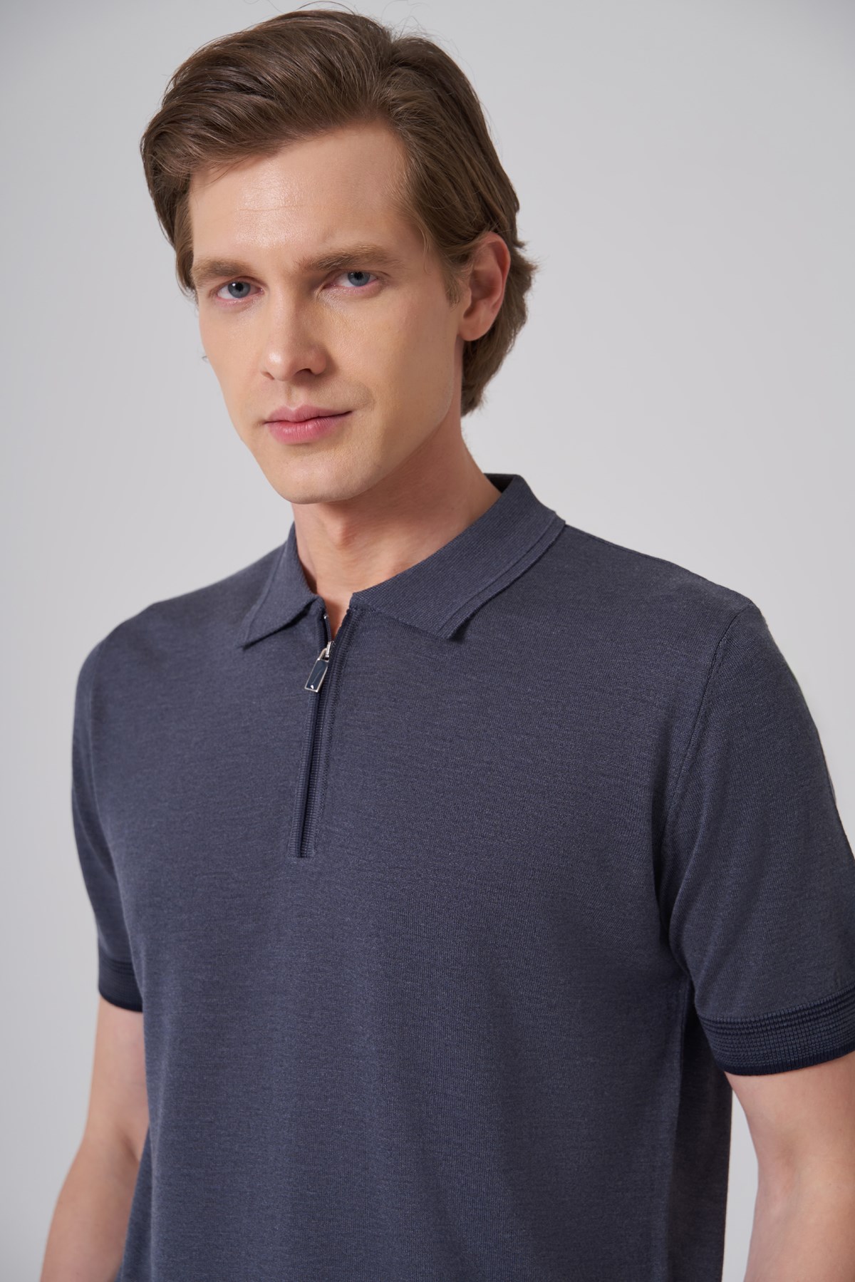 Morven Erkek İndigo Trend Fermuarlı Polo Yaka Triko T-Shirt