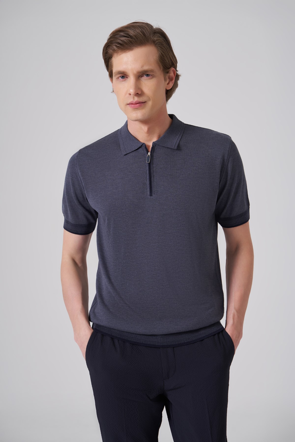 Morven Erkek İndigo Trend Fermuarlı Polo Yaka Triko T-Shirt