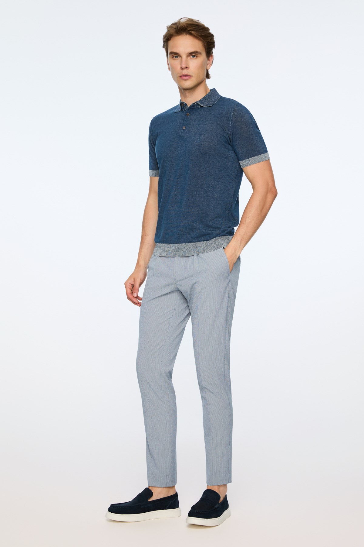 Morven Erkek İndigo Trend Polo Yaka Tencel Triko T-Shirt