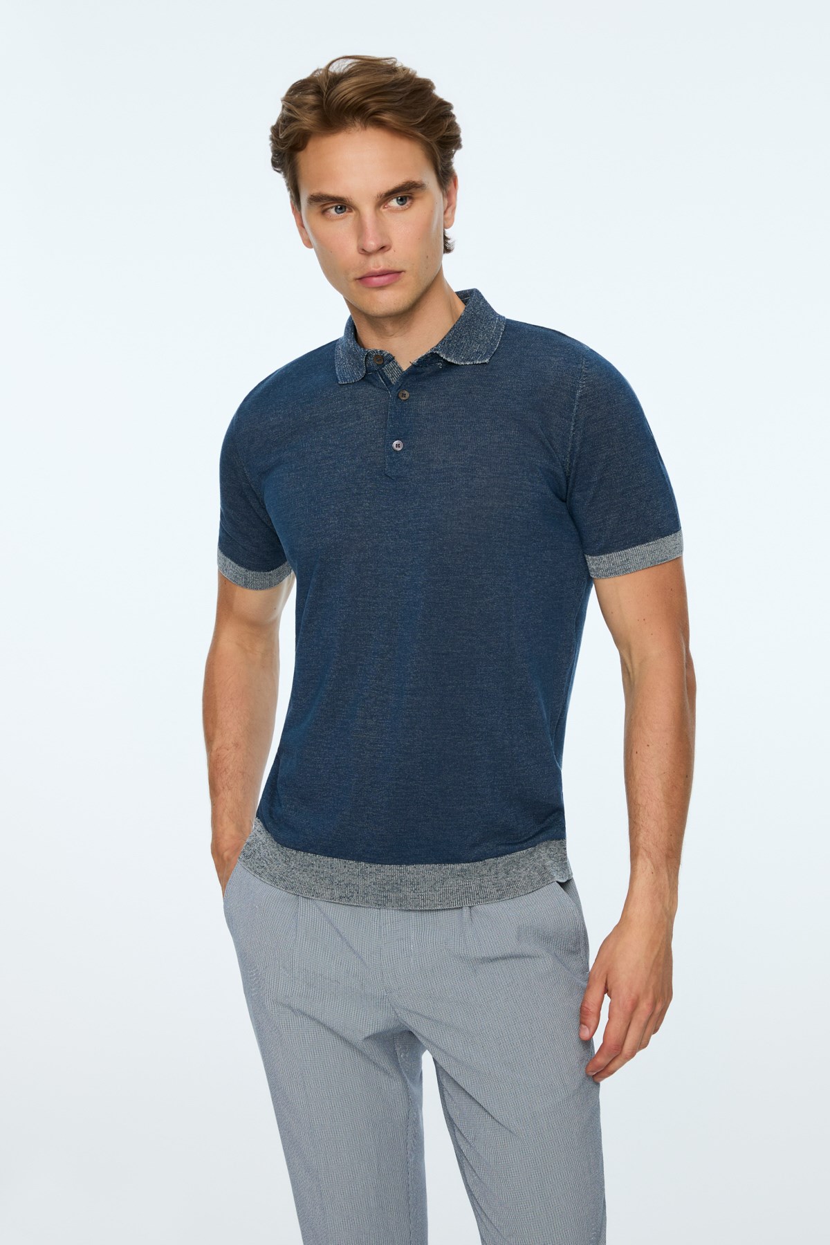 Morven Erkek İndigo Trend Polo Yaka Tencel Triko T-Shirt
