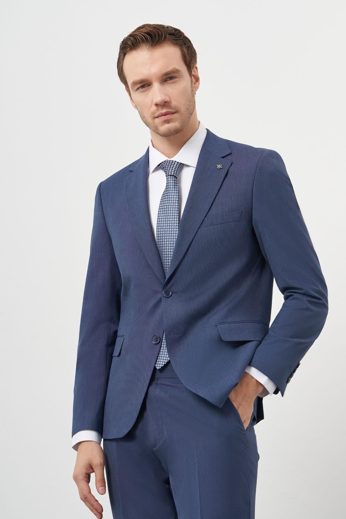 Morven Erkek İndigo Yün Slim Fit Mono Yaka Takım Elbise