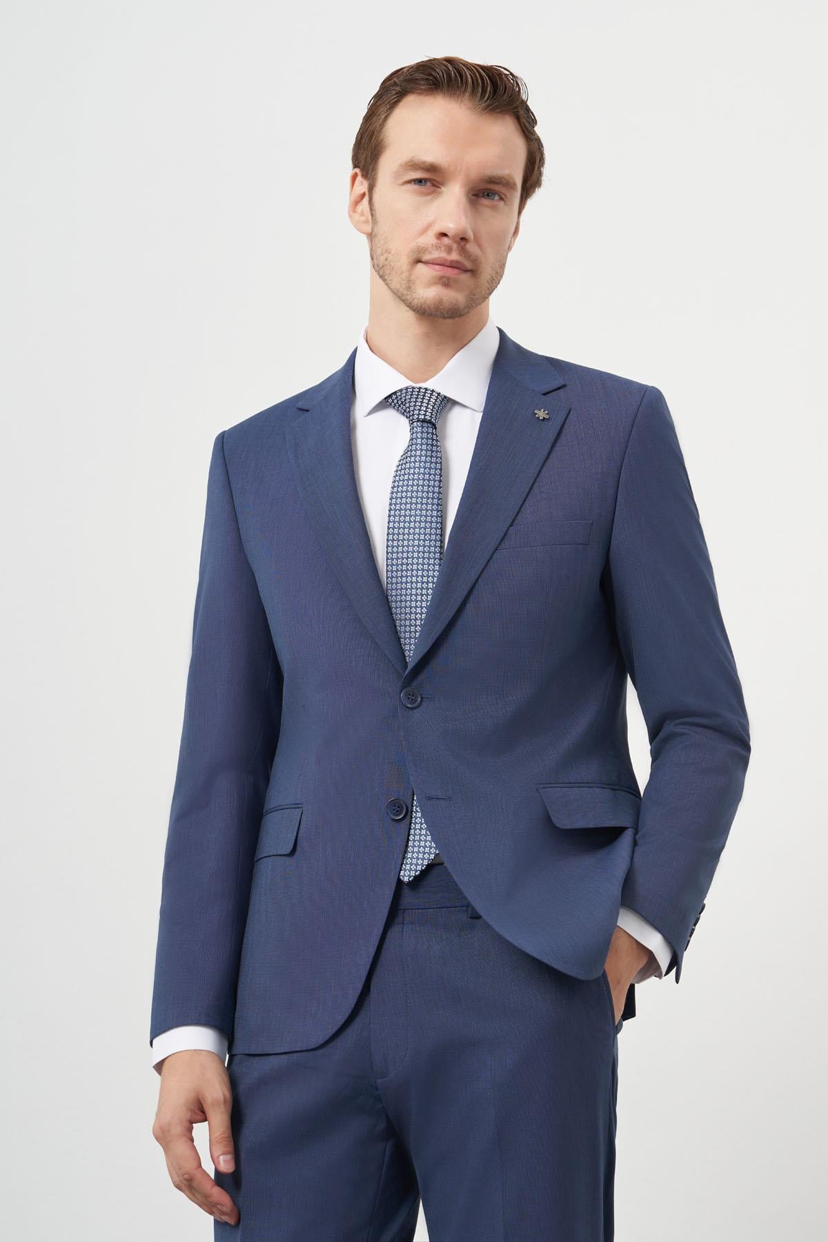 Morven Erkek İndigo Yün Slim Fit Mono Yaka Takım Elbise