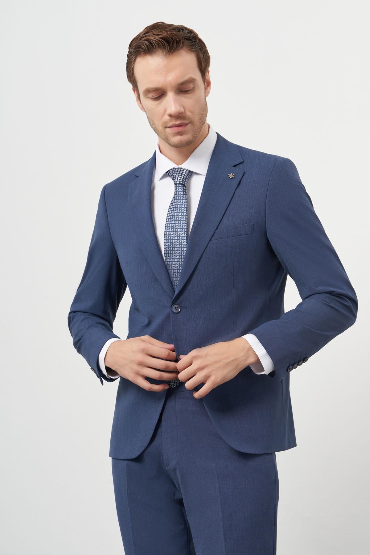 Morven Erkek İndigo Yün Slim Fit Mono Yaka Takım Elbise