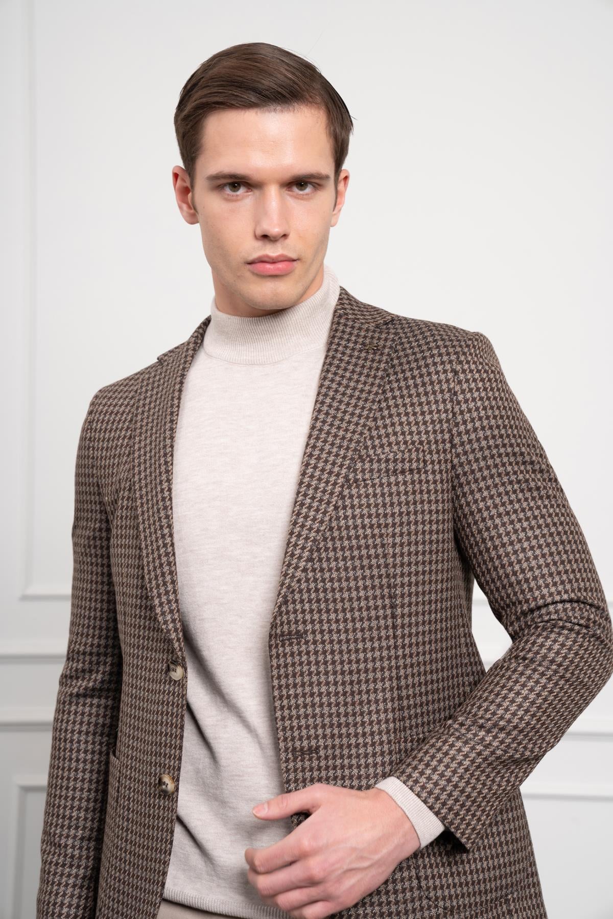 Morven Erkek KAHVE Dokuma Slim Fit Dar Kesim Mono Yaka Ceket