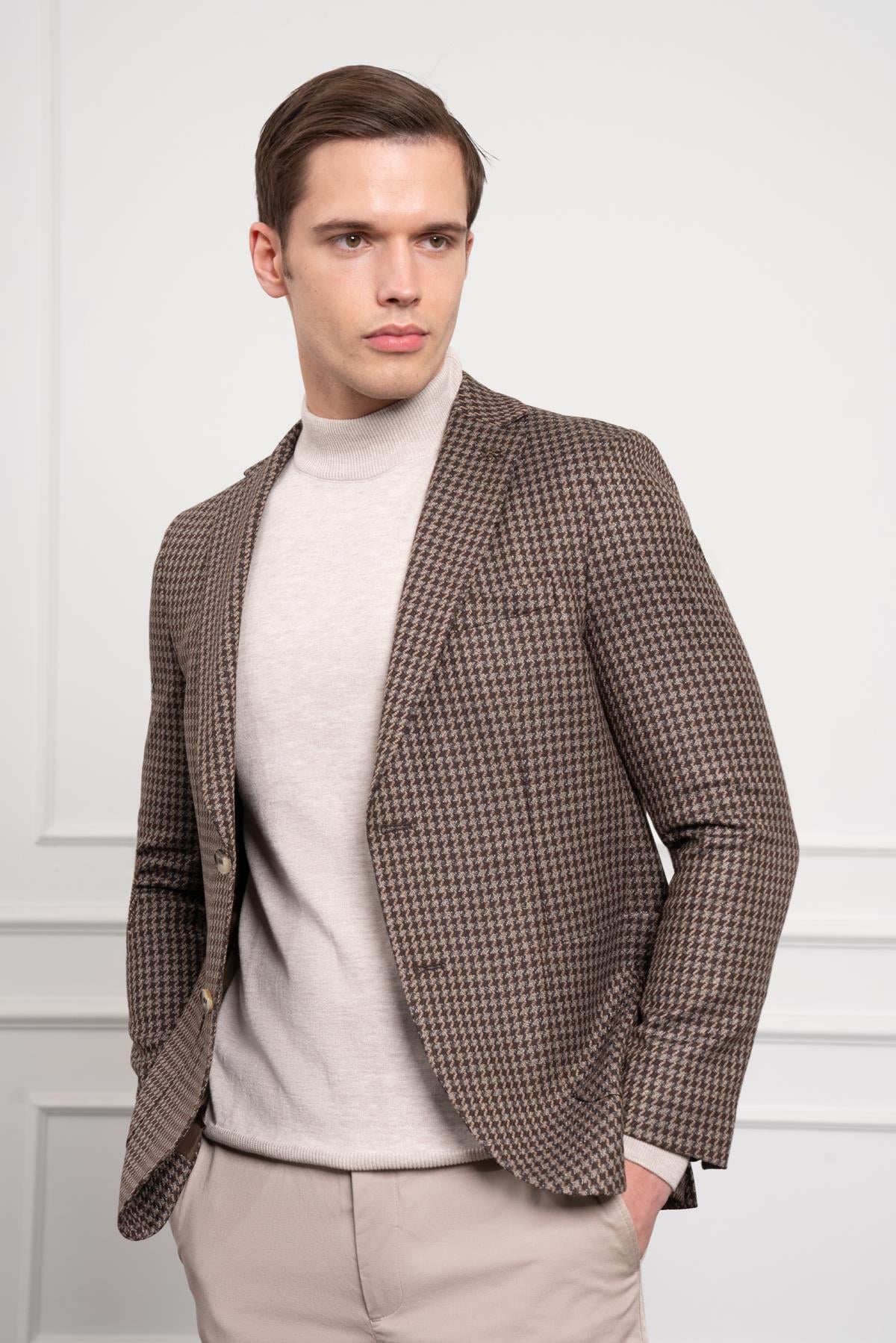 Morven Erkek KAHVE Dokuma Slim Fit Dar Kesim Mono Yaka Ceket