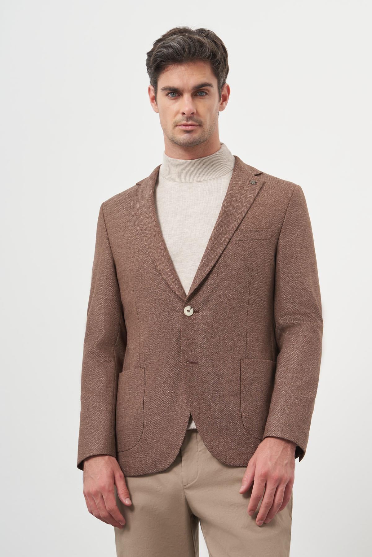 Morven Erkek KAHVE Dokuma Slim Fit Mono Yaka Ceket