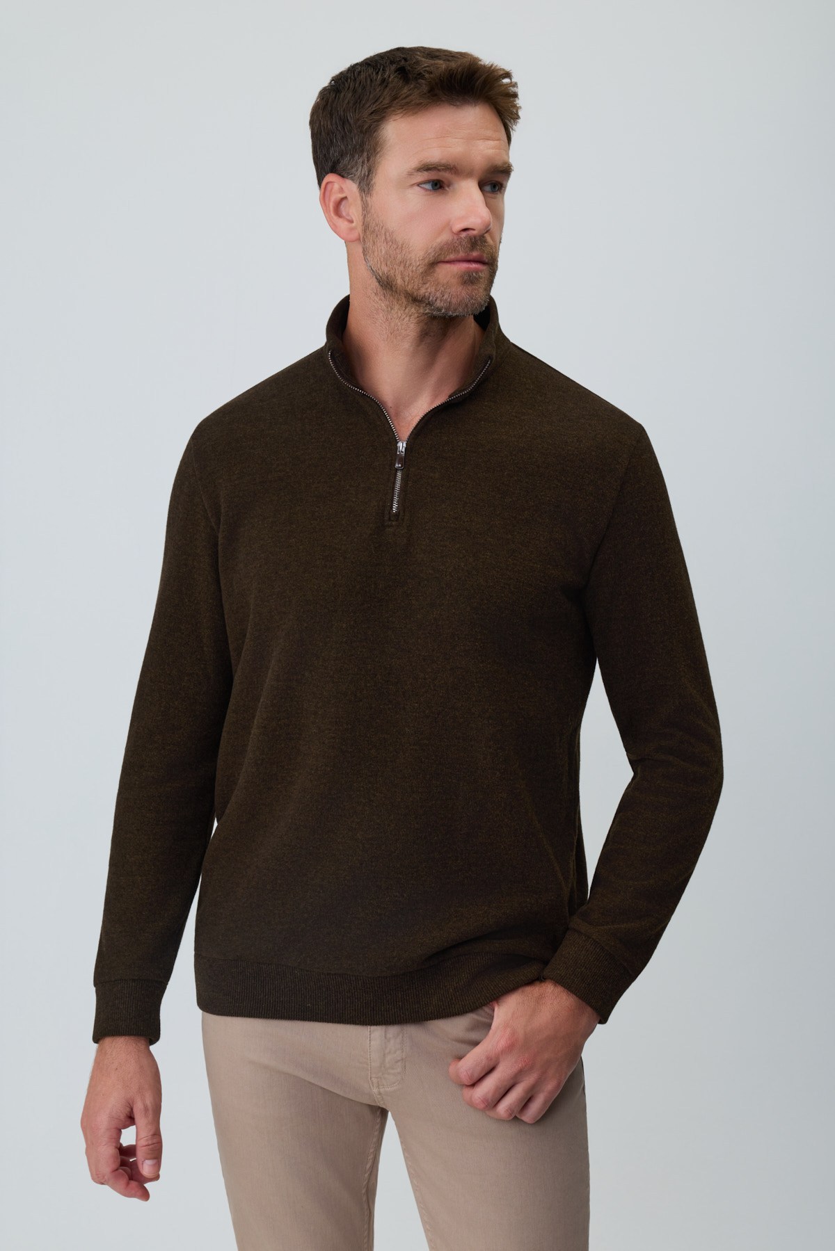 Morven Erkek KAHVE Fermuarlı Bato Yaka Dynamic Fit Sweatshirt