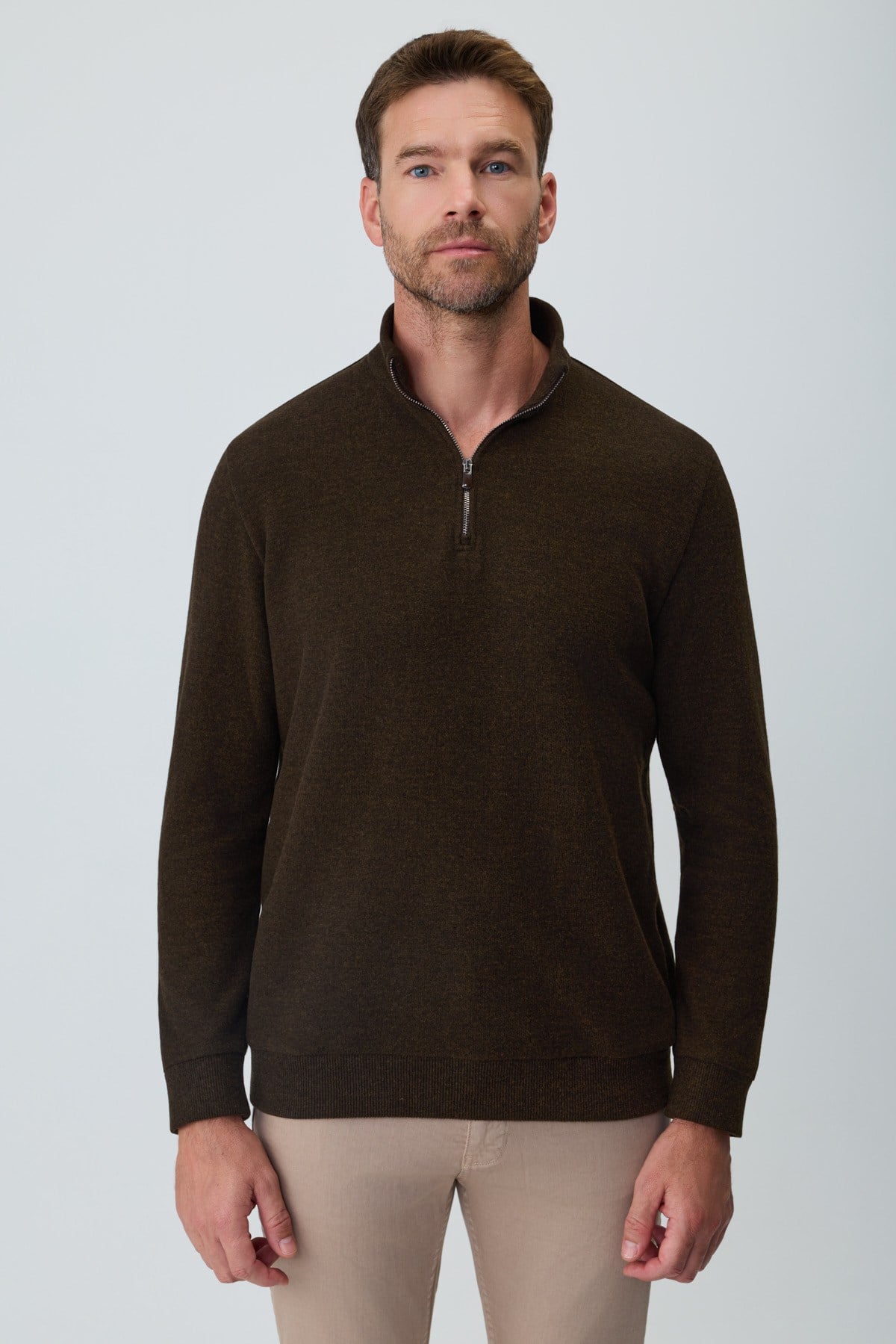 Morven Erkek KAHVE Fermuarlı Bato Yaka Dynamic Fit Sweatshirt