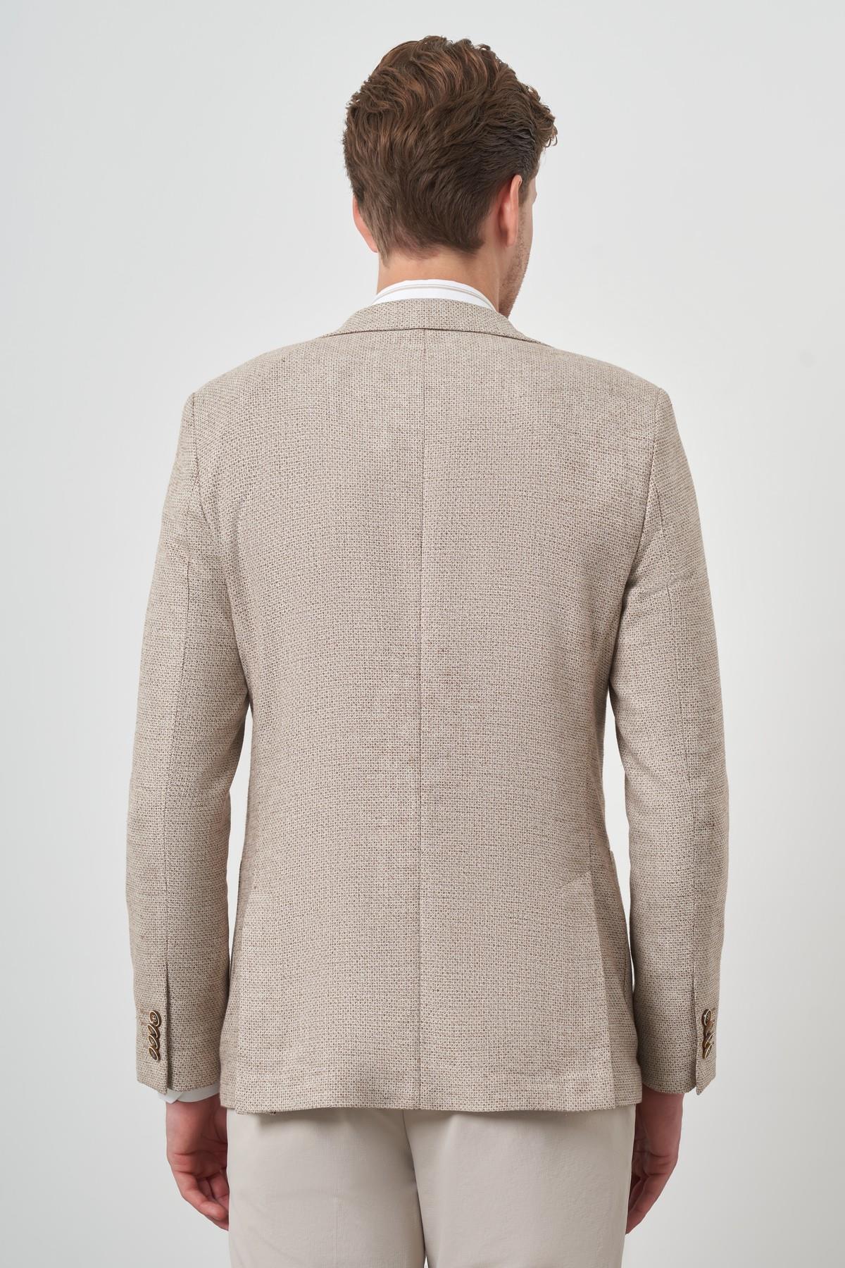 Morven Erkek KAHVE Keten Dokuma Slim Fit Mono Yaka Ceket