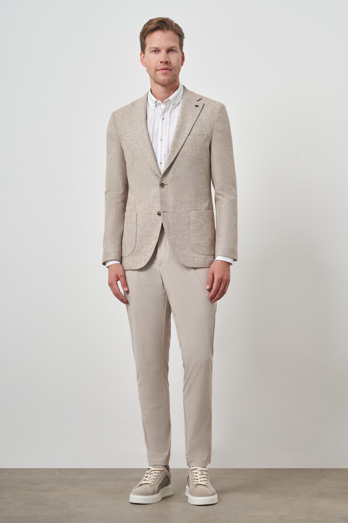 Morven Erkek KAHVE Keten Dokuma Slim Fit Mono Yaka Ceket