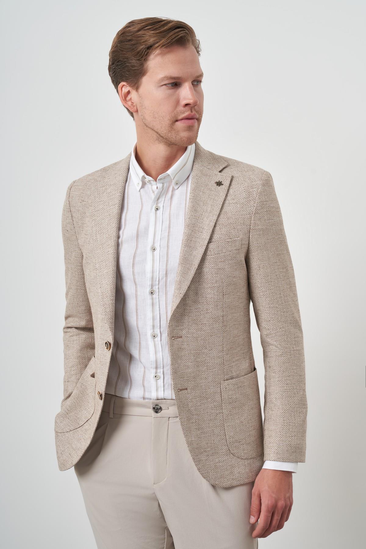 Morven Erkek KAHVE Keten Dokuma Slim Fit Mono Yaka Ceket