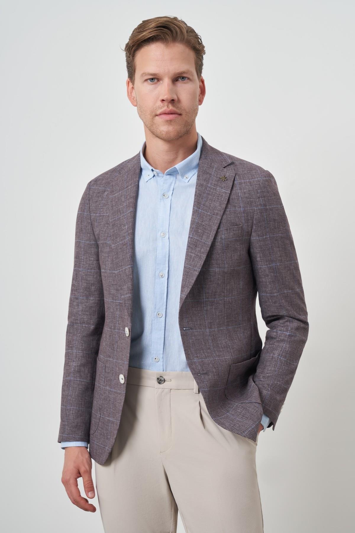 Morven Erkek KAHVE Keten Ekoseli Slim Fit Mono Yaka Ceket