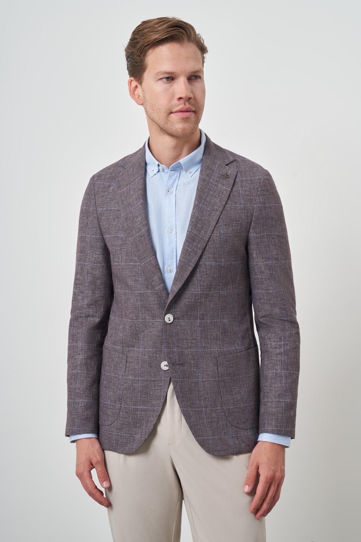 Morven Erkek KAHVE Keten Ekoseli Slim Fit Mono Yaka Ceket