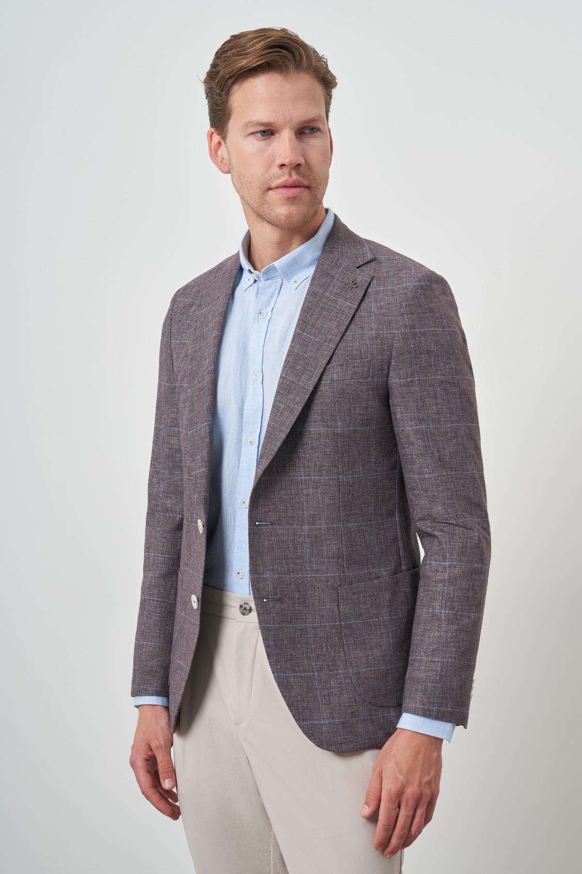 Morven Erkek KAHVE Keten Ekoseli Slim Fit Mono Yaka Ceket